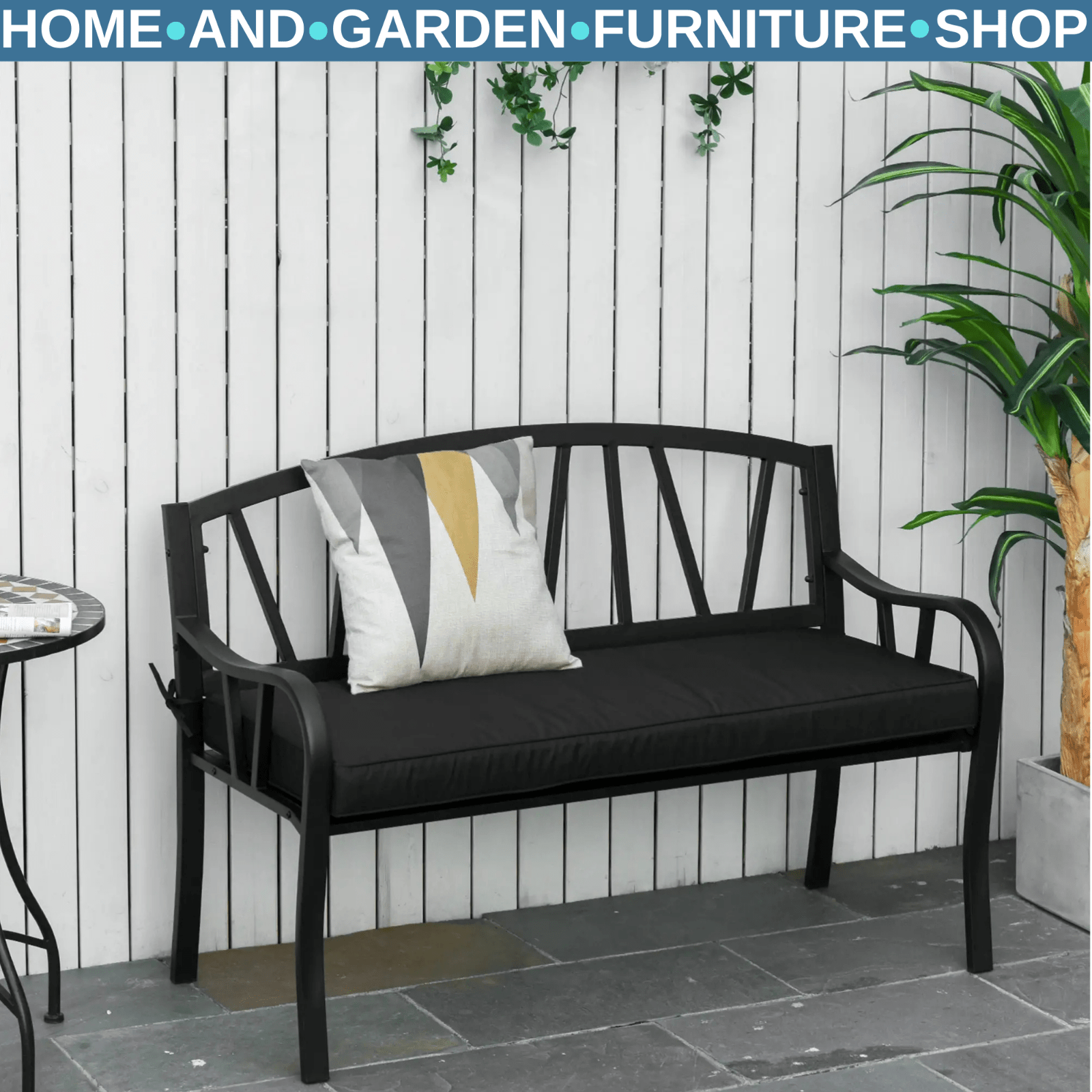 2 Seater Metal Garden Bench with Cushion Slatted Outdoor Park Chair and Armrests - Home and Garden Furniture Shop - #rustic - furniture#