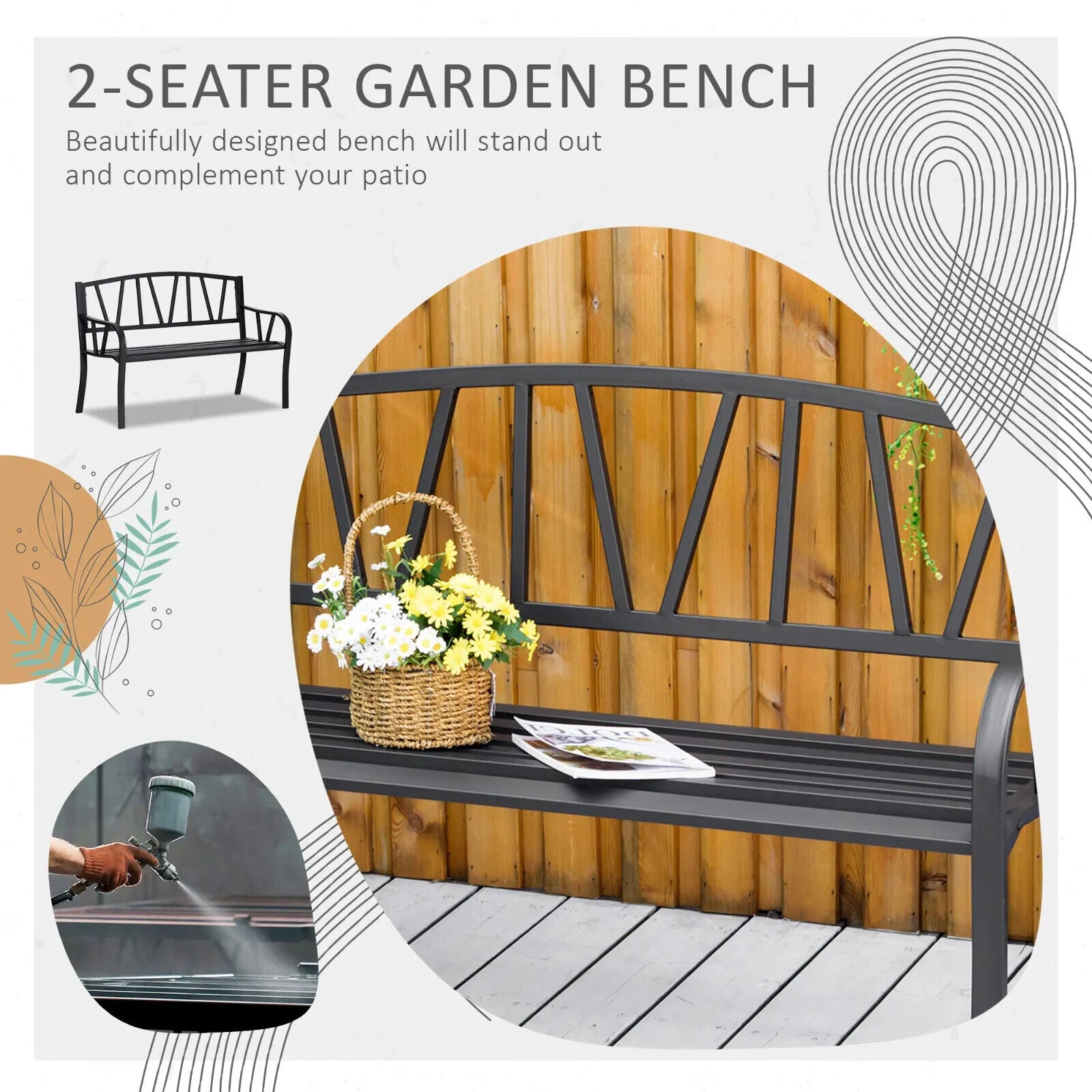 2 Seater Metal Garden Bench with Cushion Slatted Outdoor Park Chair and Armrests - Home and Garden Furniture Shop - #rustic - furniture#