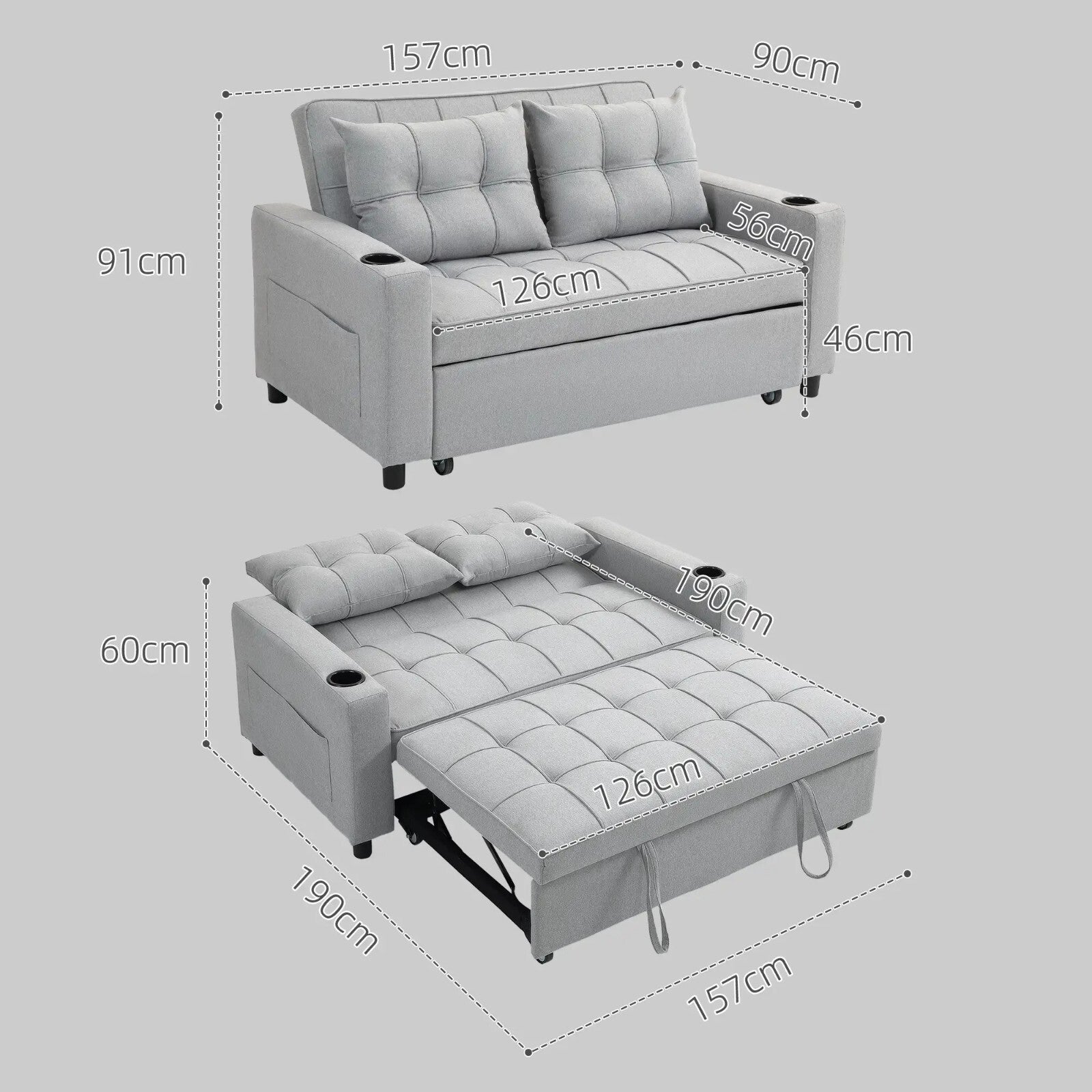 2 Seater Pull Out Sofa Bed with Pockets for Living Room Grey Convertible Settee - Home and Garden Furniture Shop - rustic - furniture