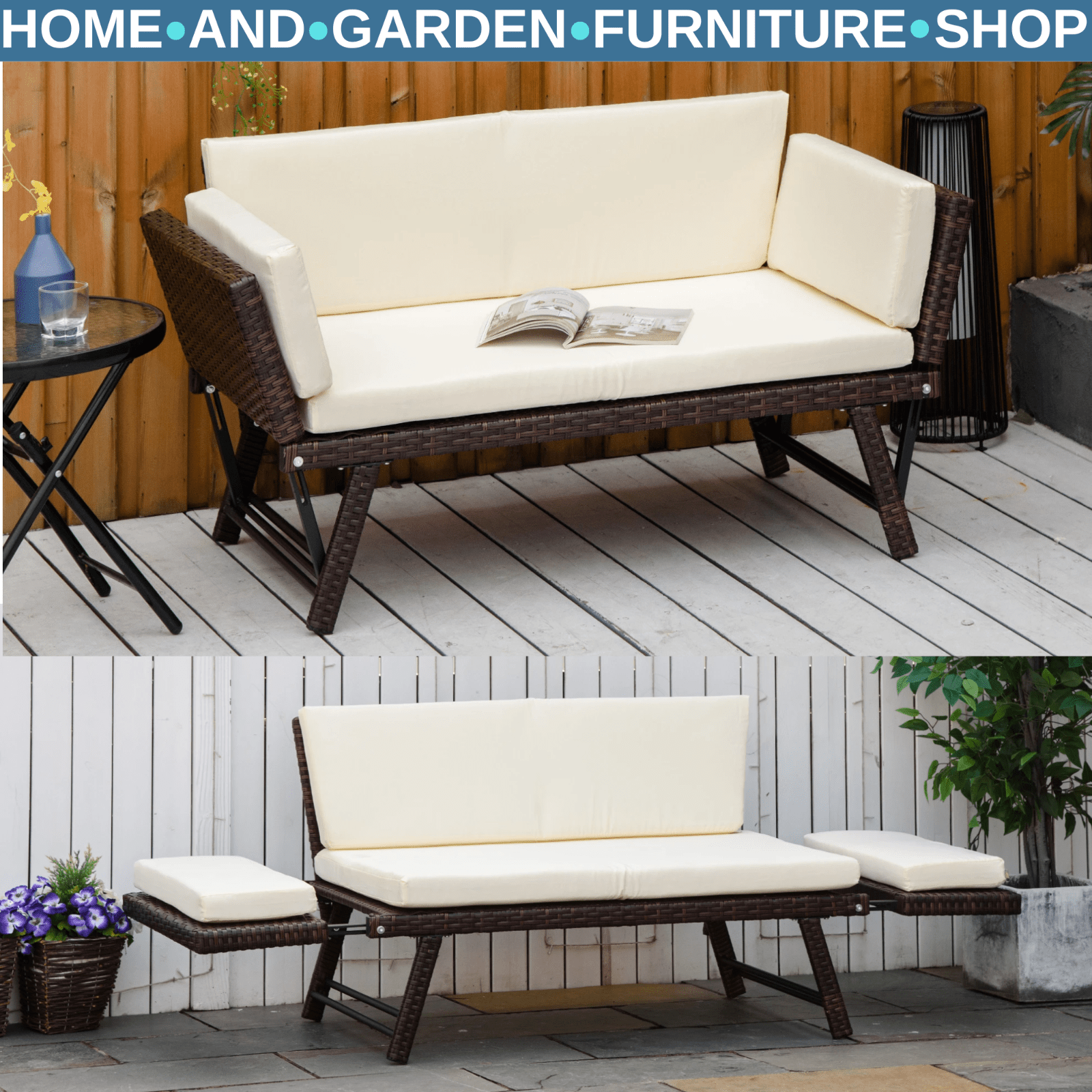 2 Seater Rattan Convertible Sofa Daybed Outdoor Garden Patio Seating Furniture - Home and Garden Furniture Shop - rustic - furniture