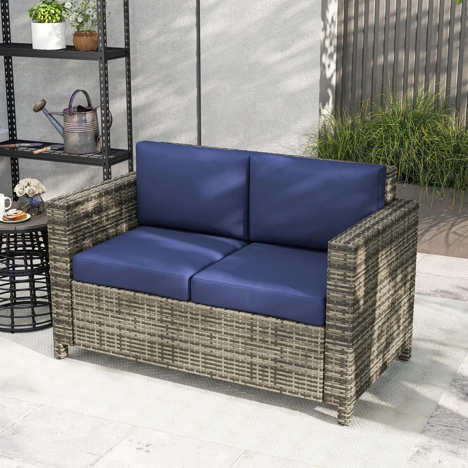 2 Seater Rattan Garden Sofa with Cushion and Armrests Outdoor Wicker Loveseat - Home and Garden Furniture Shop - #rustic - furniture#