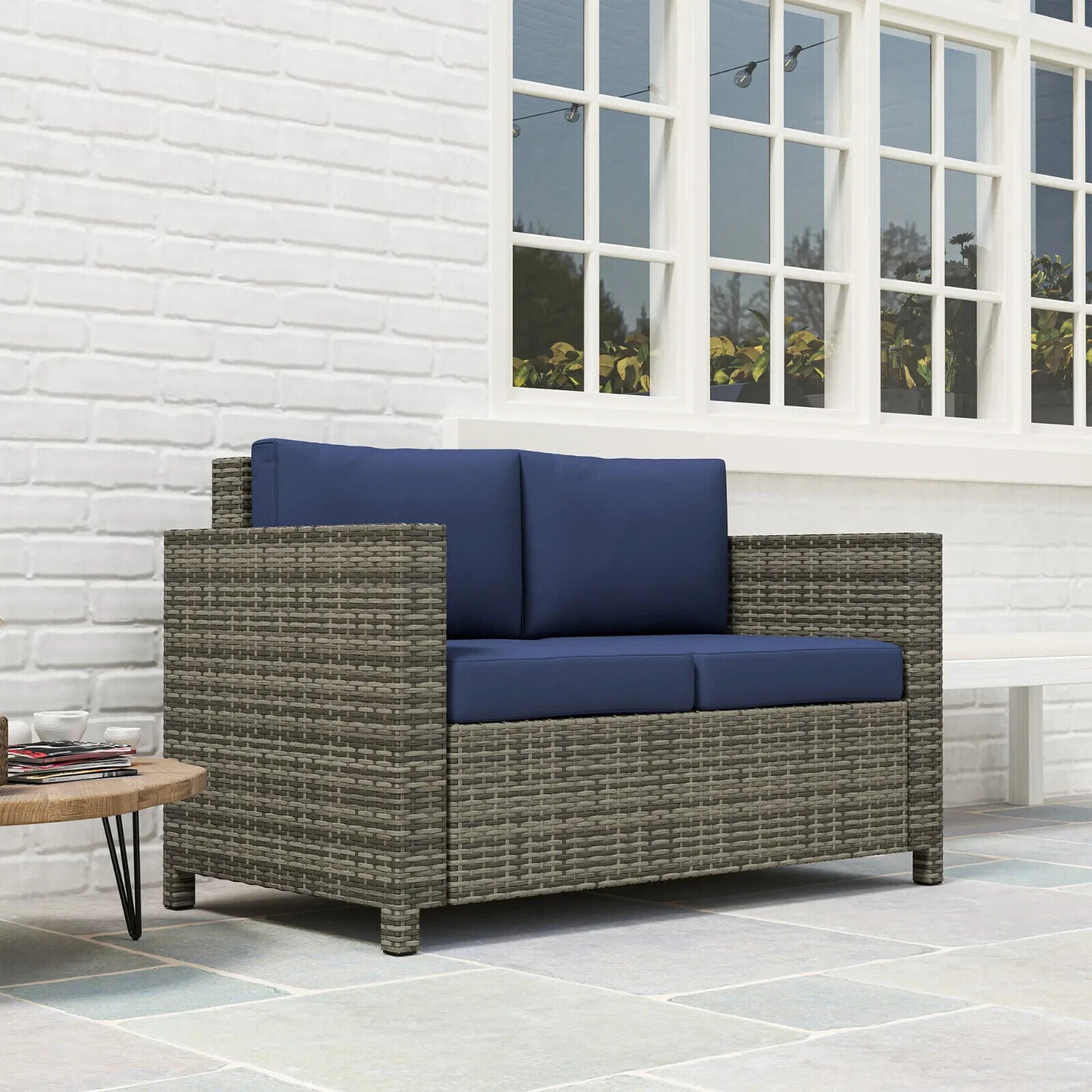 2 Seater Rattan Garden Sofa with Cushion and Armrests Outdoor Wicker Loveseat - Home and Garden Furniture Shop - #rustic - furniture#