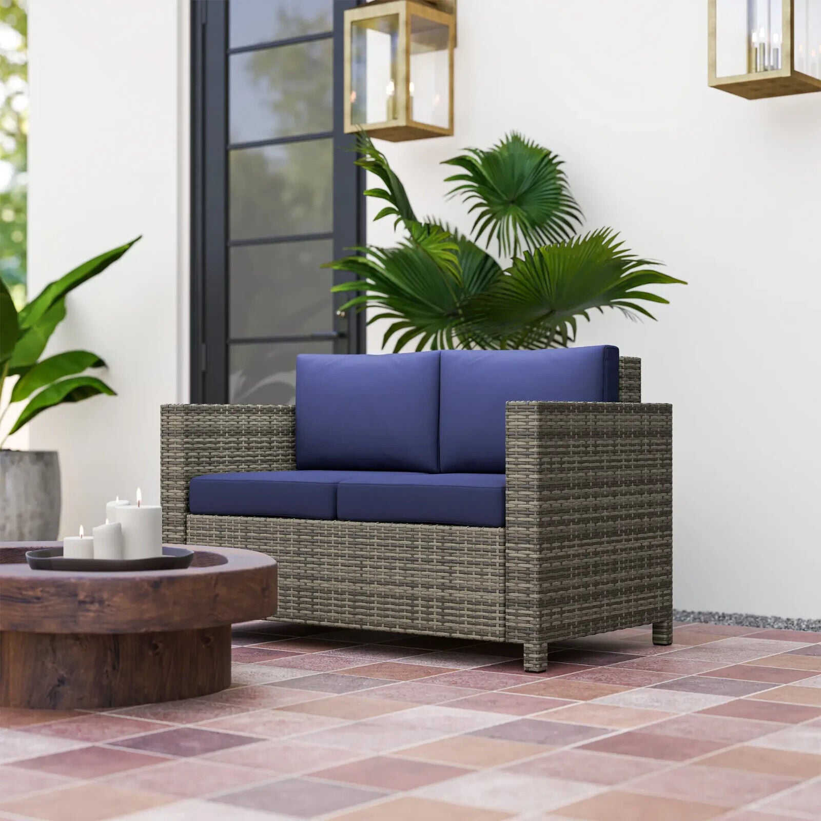 2 Seater Rattan Garden Sofa with Cushion and Armrests Outdoor Wicker Loveseat - Home and Garden Furniture Shop - #rustic - furniture#