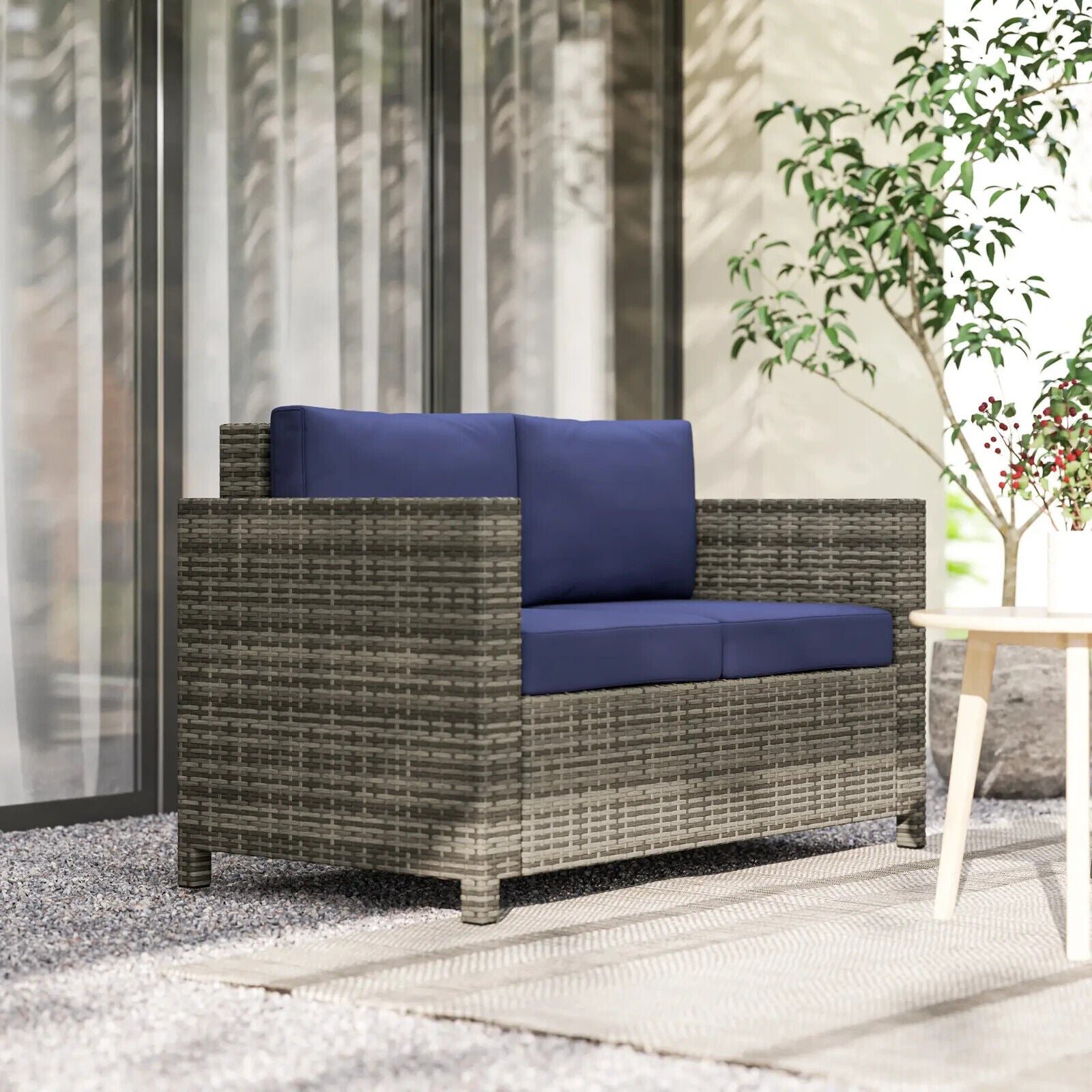 2 Seater Rattan Garden Sofa with Cushion and Armrests Outdoor Wicker Loveseat - Home and Garden Furniture Shop - #rustic - furniture#