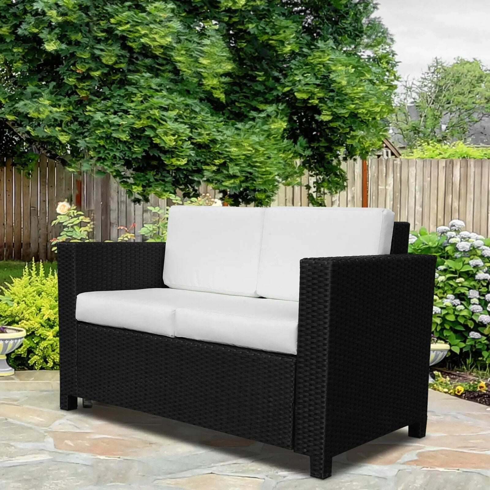 2 Seater Rattan Garden Sofa with Cushions Armrests Outdoor Wicker Loveseat Seat - Home and Garden Furniture Shop - #rustic - furniture#