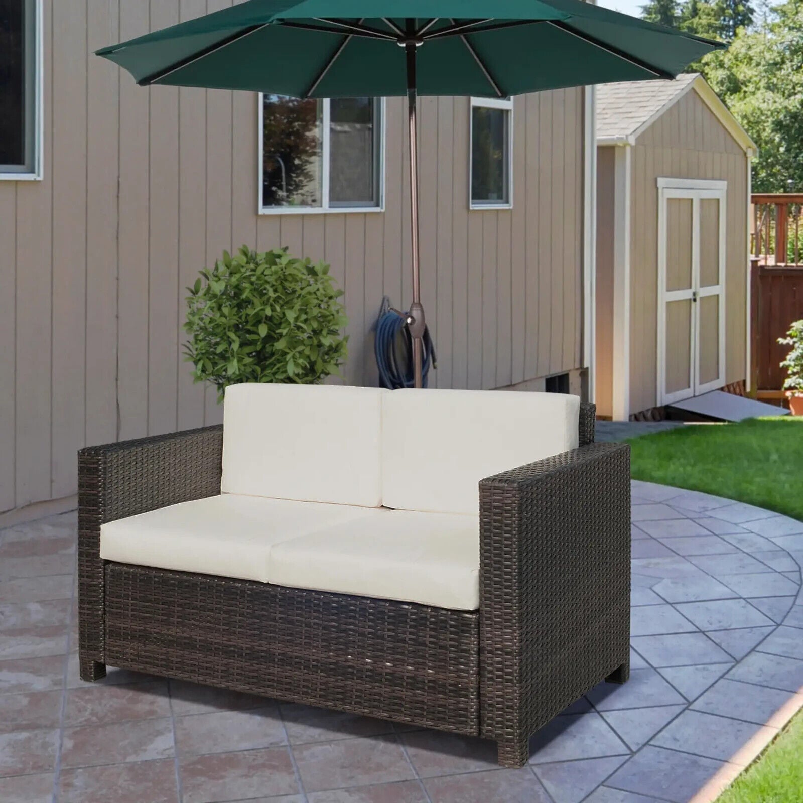 2 Seater Rattan Garden Sofa with Cushions Armrests Outdoor Wicker Loveseat Seat - Home and Garden Furniture Shop - #rustic - furniture#