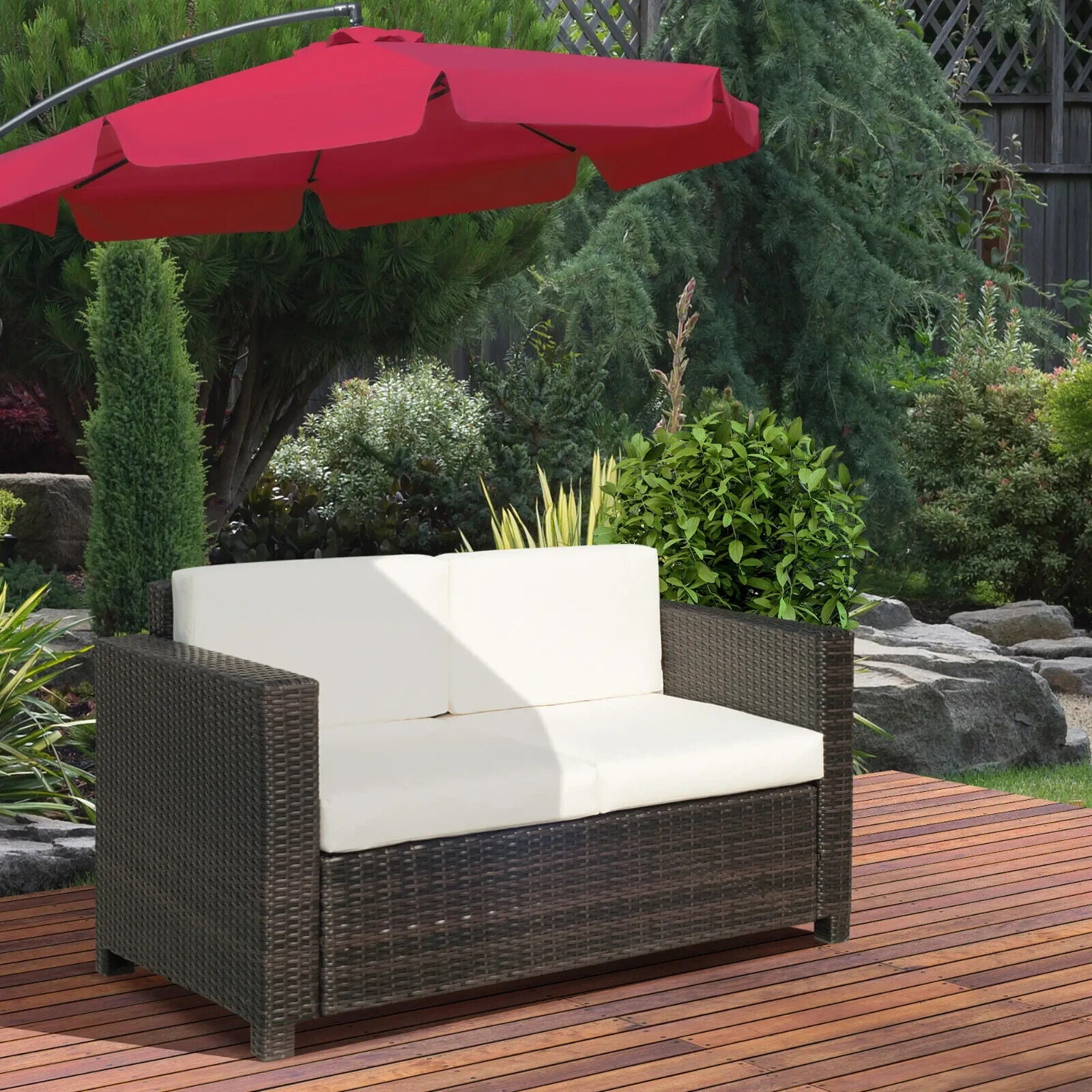 2 Seater Rattan Garden Sofa with Cushions Armrests Outdoor Wicker Loveseat Seat - Home and Garden Furniture Shop - #rustic - furniture#