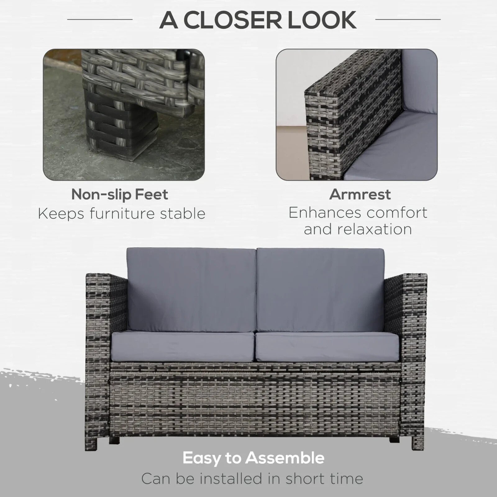 2 Seater Rattan Garden Sofa with Cushions & Armrests Wicker Patio Loveseat Grey - Home and Garden Furniture Shop - rustic - furniture