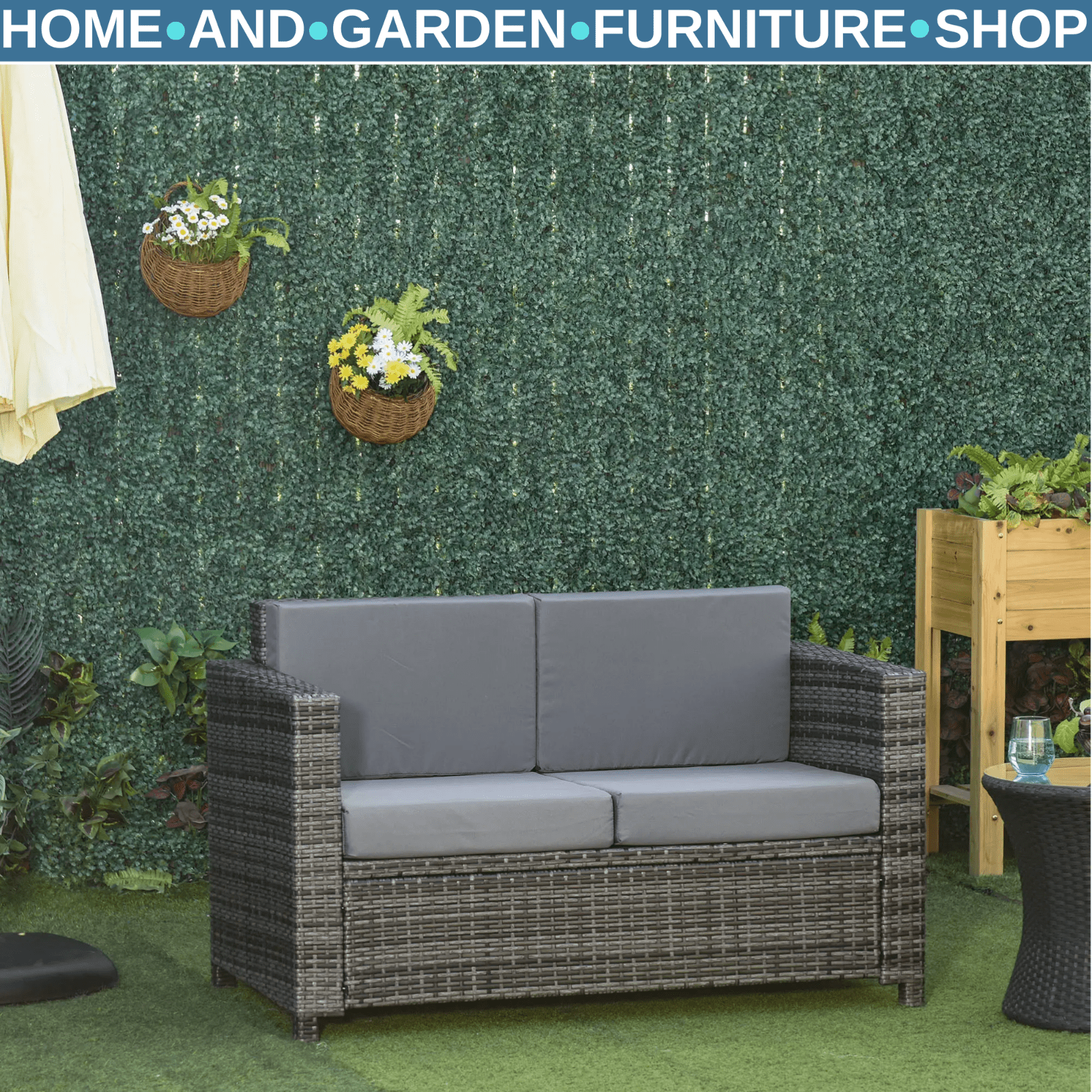 2 Seater Rattan Garden Sofa with Cushions & Armrests Wicker Patio Loveseat Grey - Home and Garden Furniture Shop - rustic - furniture