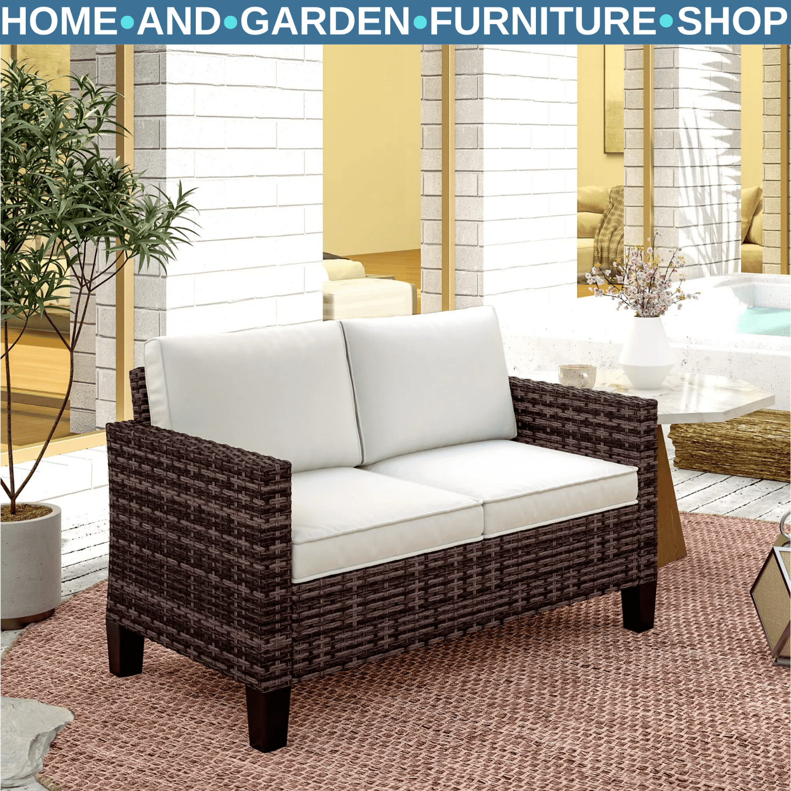 2 Seater Rattan Garden Sofa with Cushions, Outdoor Wicker Furniture for Patio - Home and Garden Furniture Shop - #rustic - furniture#
