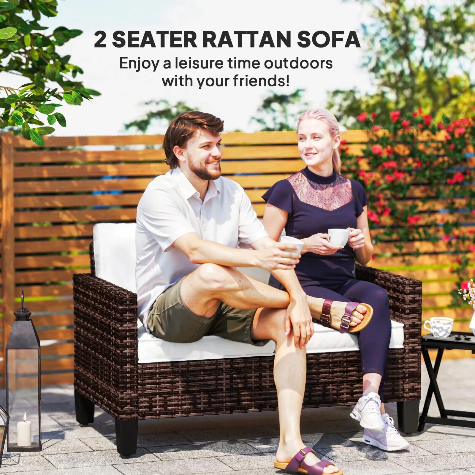 2 Seater Rattan Garden Sofa with Cushions, Outdoor Wicker Furniture for Patio - Home and Garden Furniture Shop - #rustic - furniture#