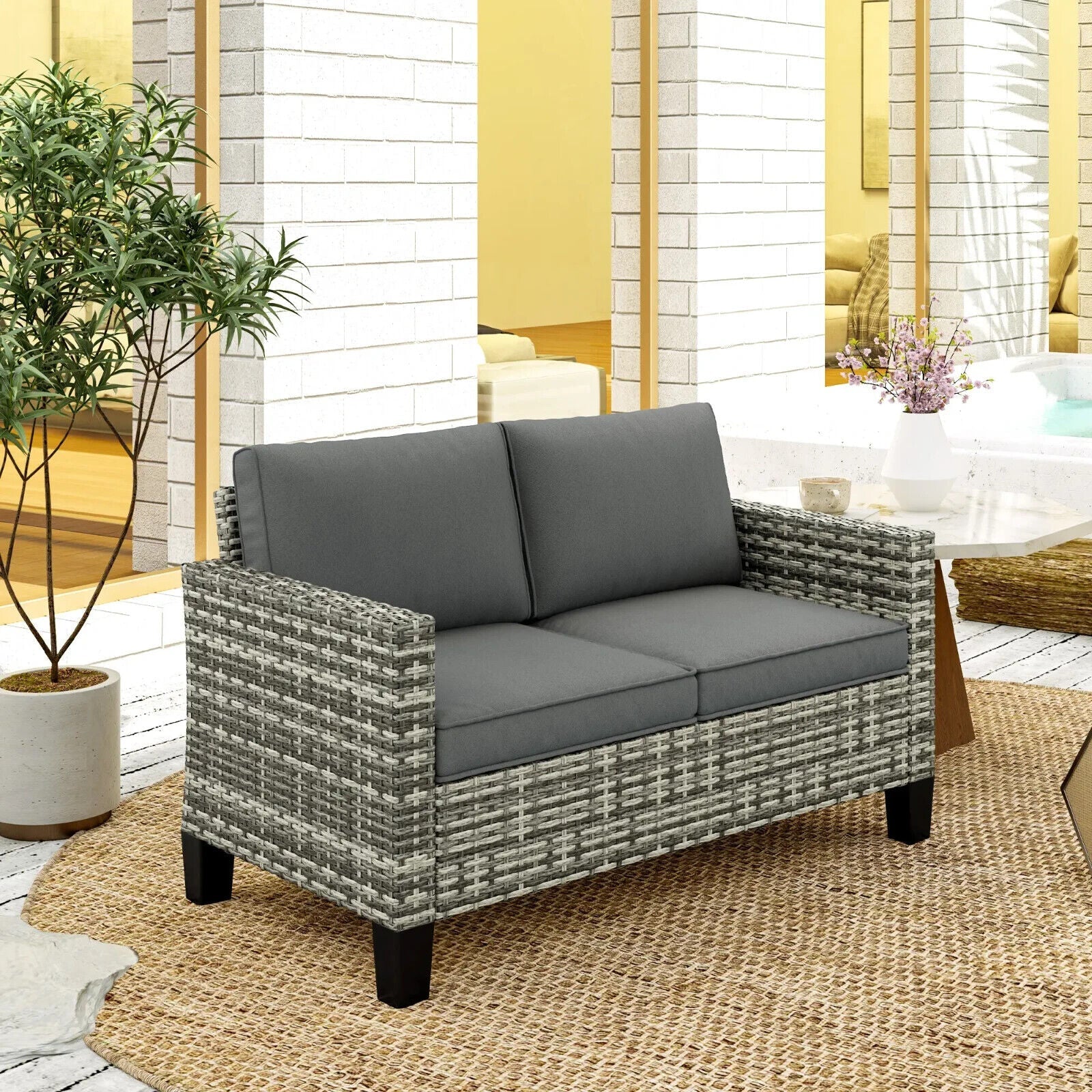 2 Seater Rattan Outdoor Sofa Garden Loveseat with Cushion for Patio Conservatory - Home and Garden Furniture Shop - #rustic - furniture#