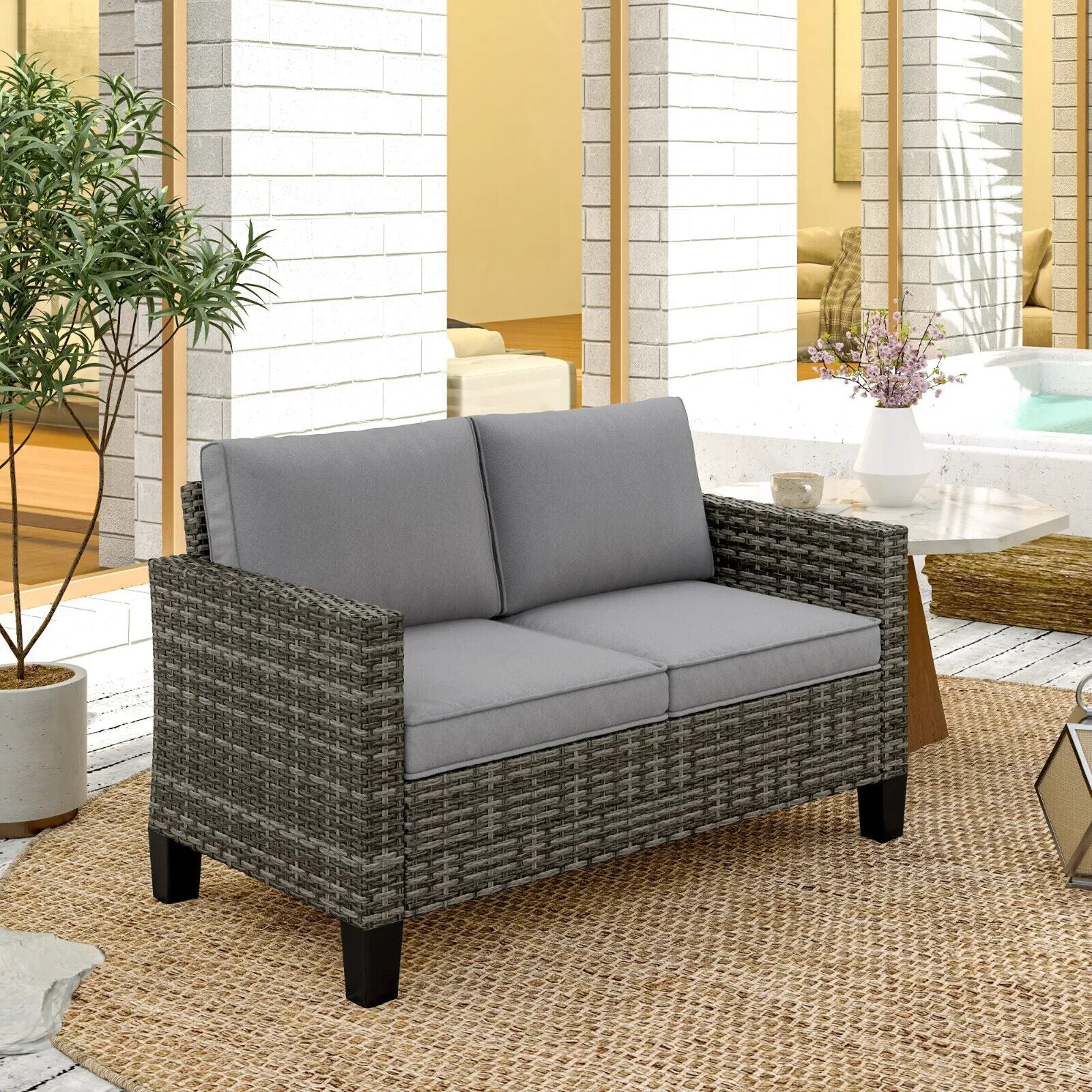 2 Seater Rattan Outdoor Sofa with Cushions Garden Loveseat for Patio Balcony - Home and Garden Furniture Shop - #rustic - furniture#