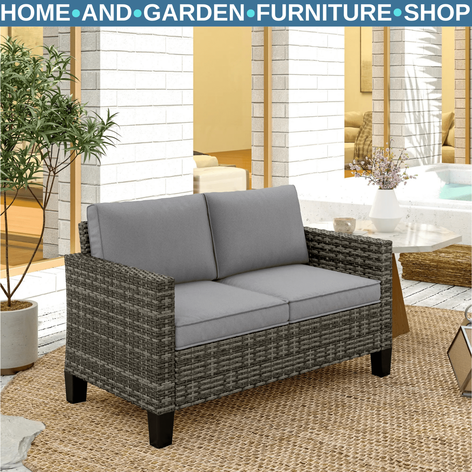 2 Seater Rattan Outdoor Sofa with Cushions Garden Loveseat for Patio Balcony - Home and Garden Furniture Shop - #rustic - furniture#