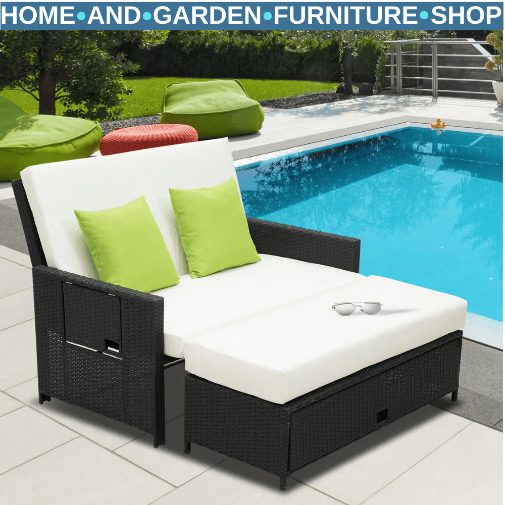 2 - Seater Rattan Sofa Sun Lounger Bed Adjustable Outdoor Garden Daybed Black - Home and Garden Furniture Shop - #rustic - furniture#