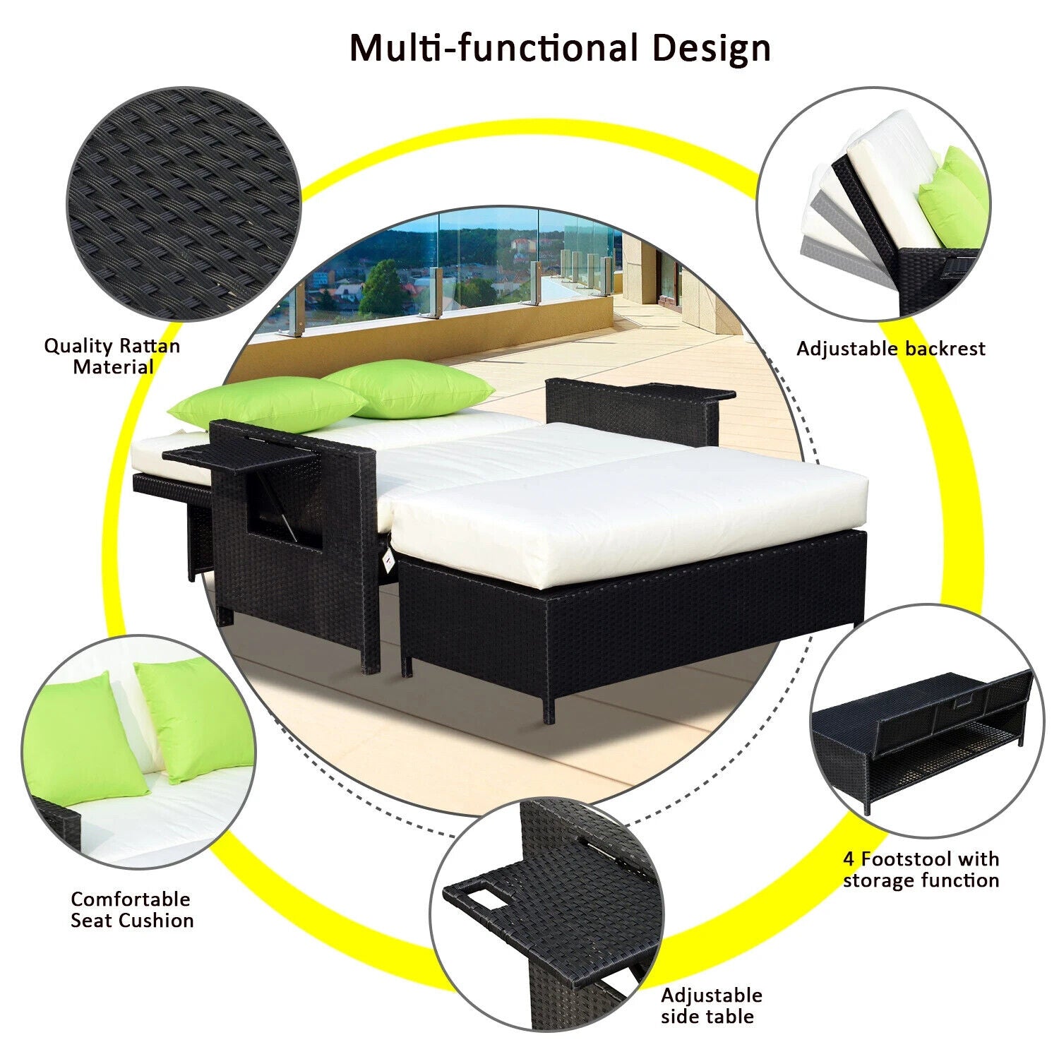 2 - Seater Rattan Sofa Sun Lounger Bed Adjustable Outdoor Garden Daybed Black - Home and Garden Furniture Shop - #rustic - furniture#