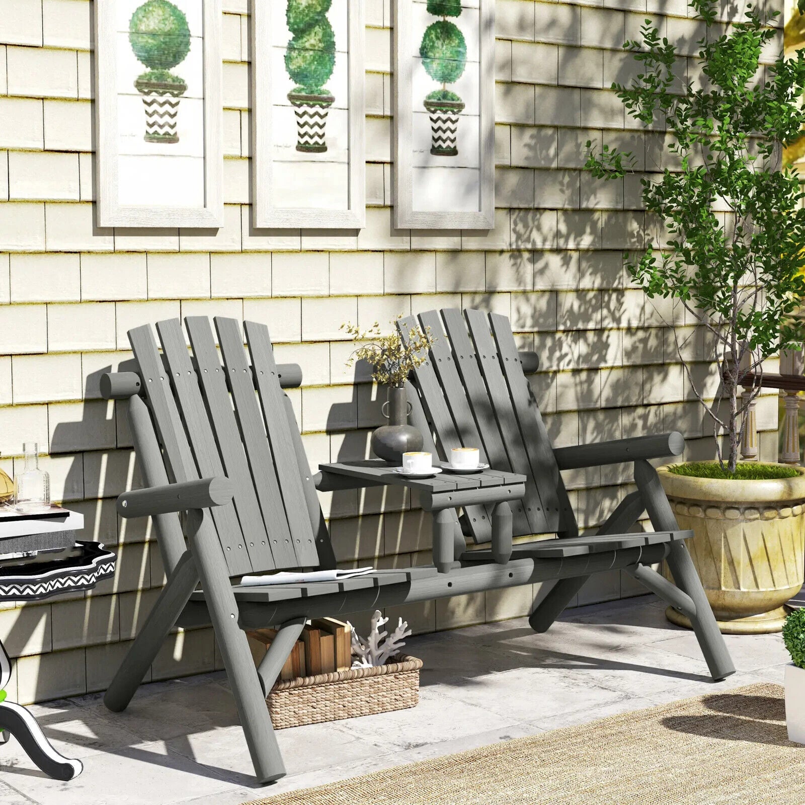 2 Seater Wooden Garden Bench w/ Centre Coffee Table Outdoor Patio Loveseat Chair - Home and Garden Furniture Shop - #rustic - furniture#