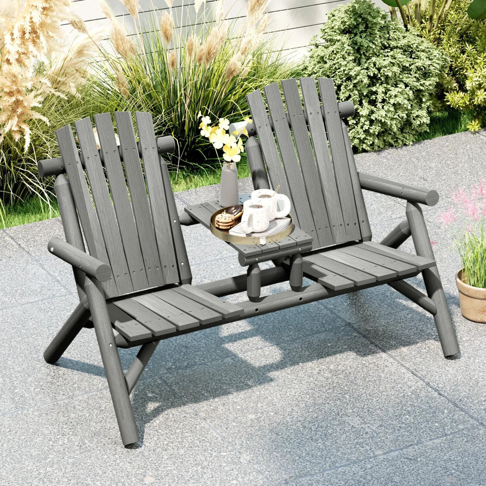 2 Seater Wooden Garden Bench w/ Centre Coffee Table Outdoor Patio Loveseat Chair - Home and Garden Furniture Shop - #rustic - furniture#