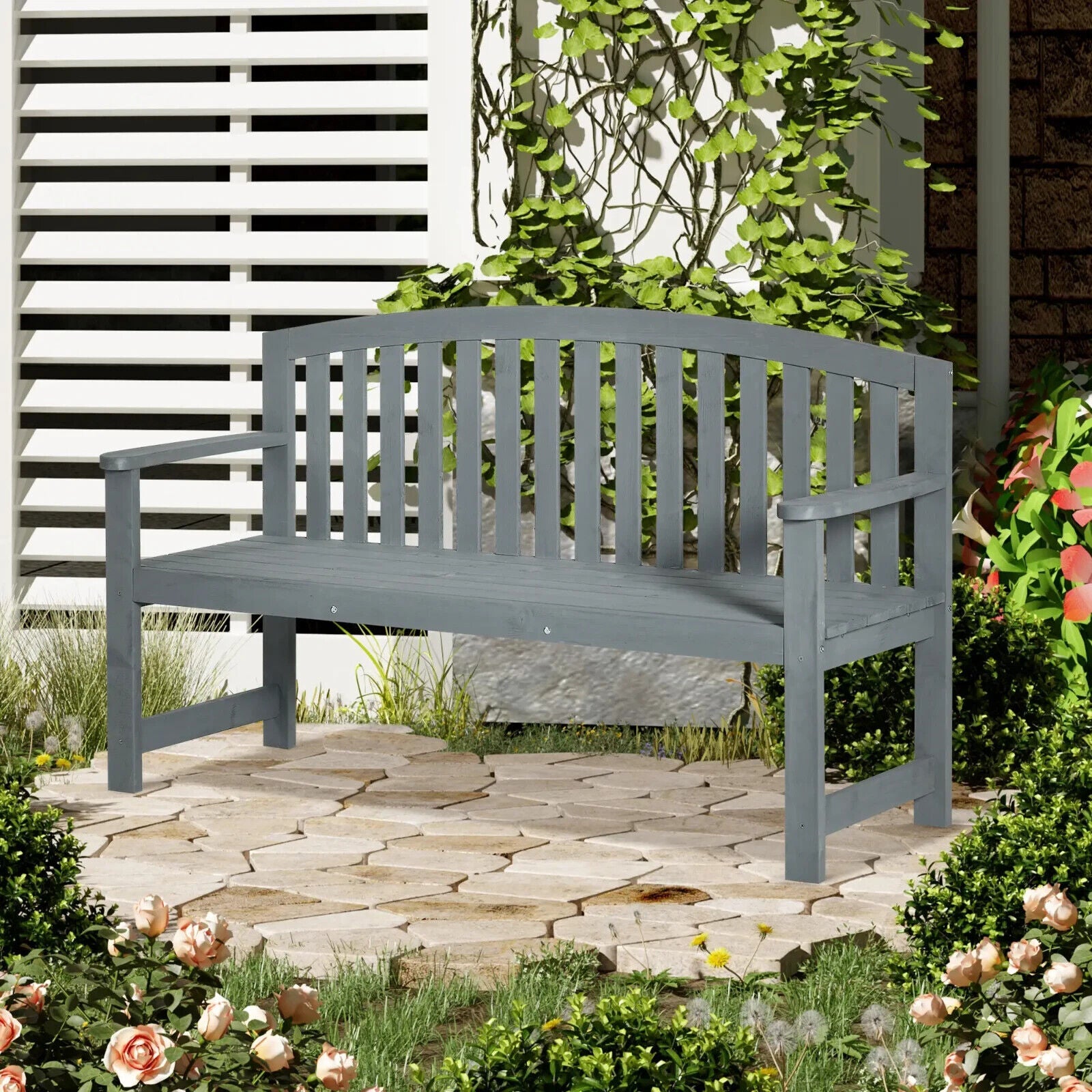 2 Seater Wooden Garden Bench with Armrests Outdoor Furniture for Balcony or Park - Home and Garden Furniture Shop - #rustic - furniture#