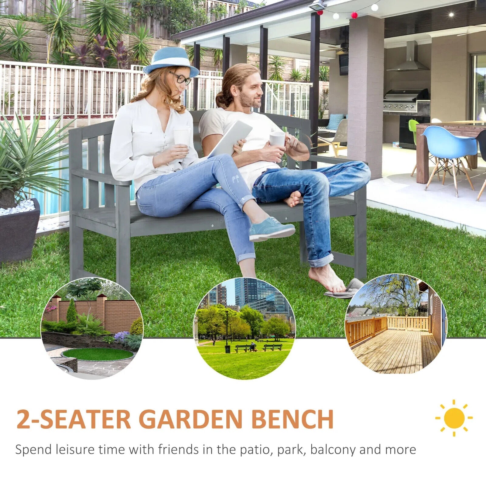 2 Seater Wooden Garden Bench with Armrests Outdoor Furniture for Balcony or Park - Home and Garden Furniture Shop - #rustic - furniture#