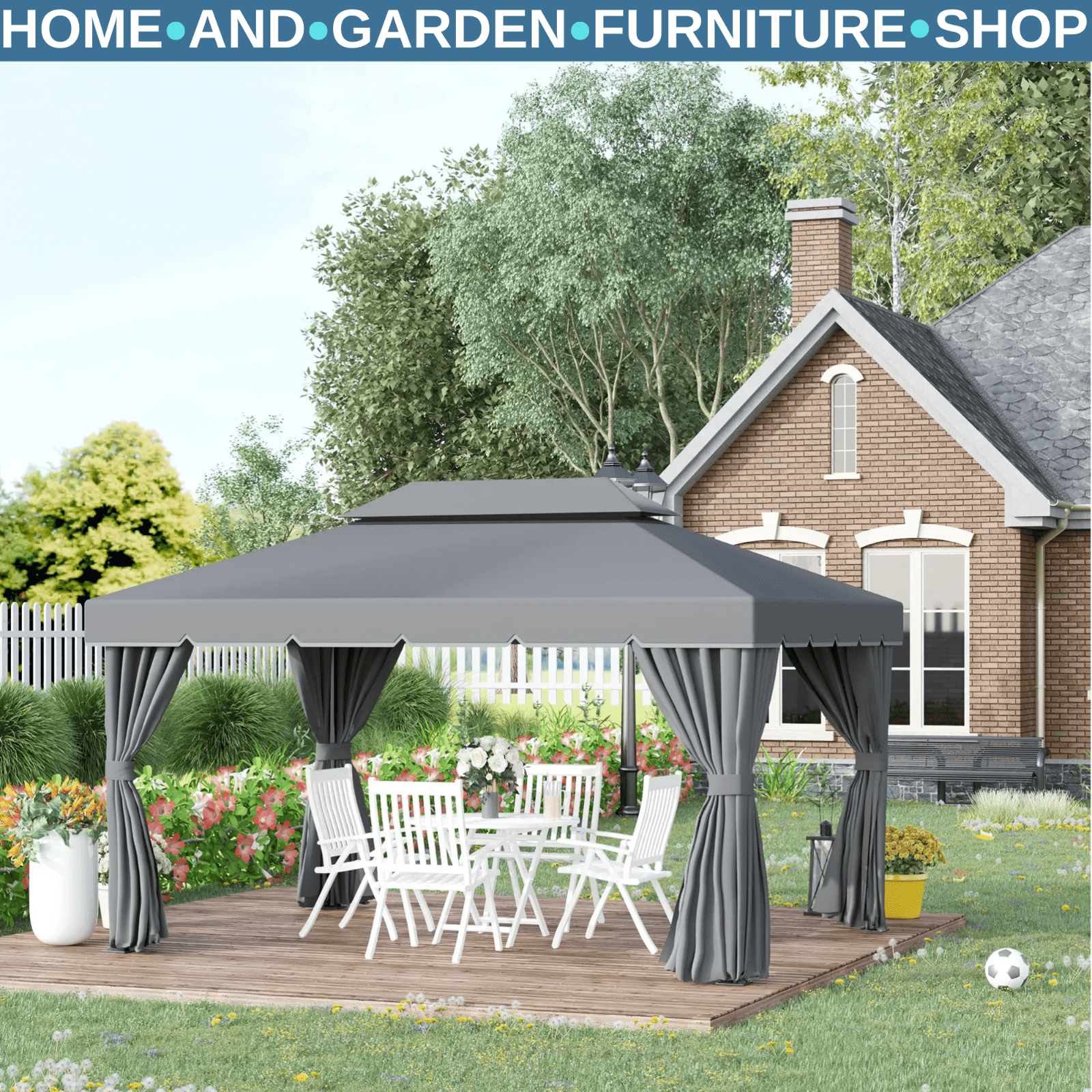 2 - Tier Heavy Duty Metal Gazebo Garden Marquee Party Tent 3 x 4m Dark Grey Canopy - Home and Garden Furniture Shop - rustic - furniture