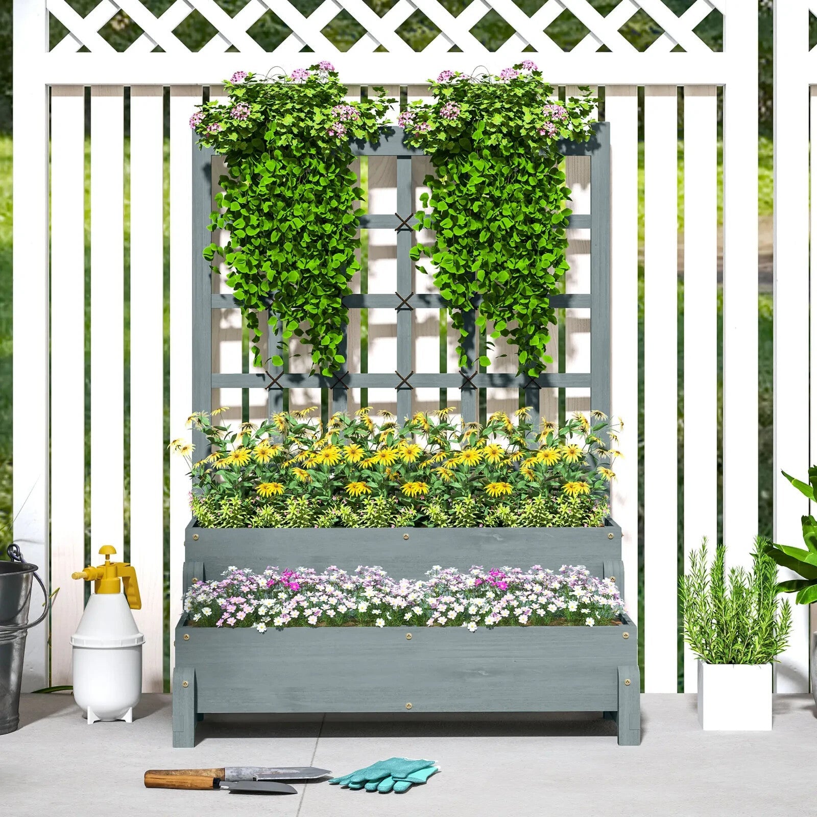 2 Tier Raised Garden Bed, Trellis Wooden Planter Box Outdoor Raised w/ Drainage - Home and Garden Furniture Shop - rustic - furniture