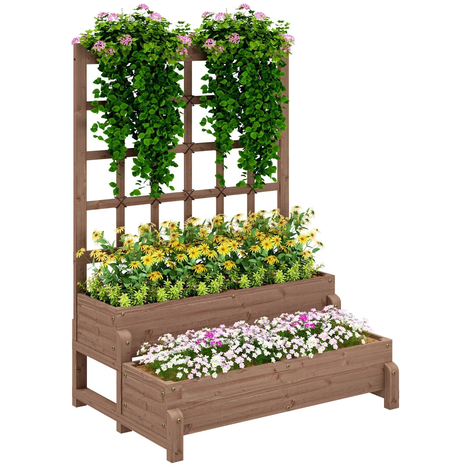 2 Tier Raised Wooden Garden Planter Box with Trellis & Drainage Hole Outdoor Bed - Home and Garden Furniture Shop - rustic - furniture