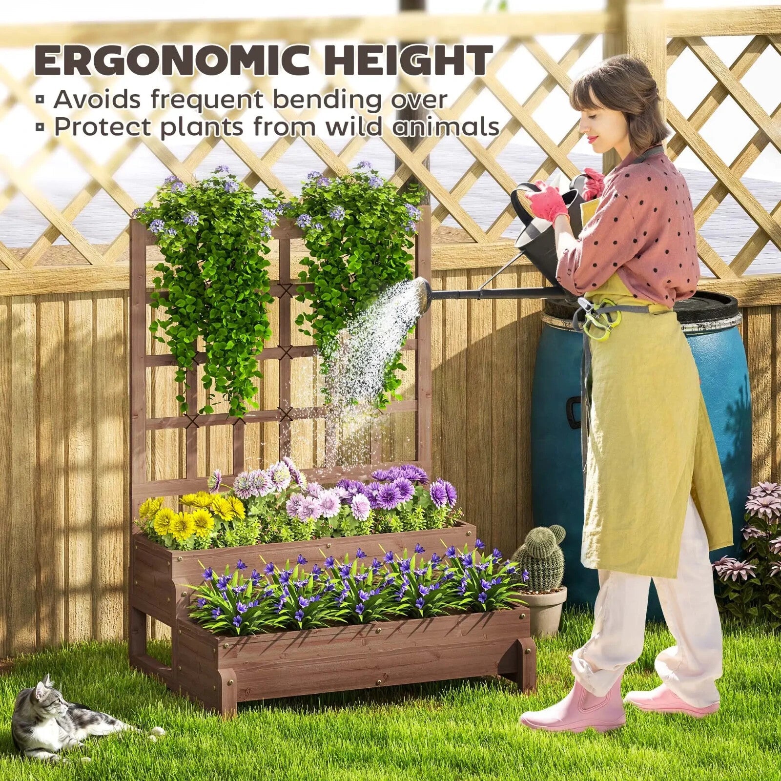 2 Tier Raised Wooden Garden Planter Box with Trellis & Drainage Hole Outdoor Bed - Home and Garden Furniture Shop - rustic - furniture