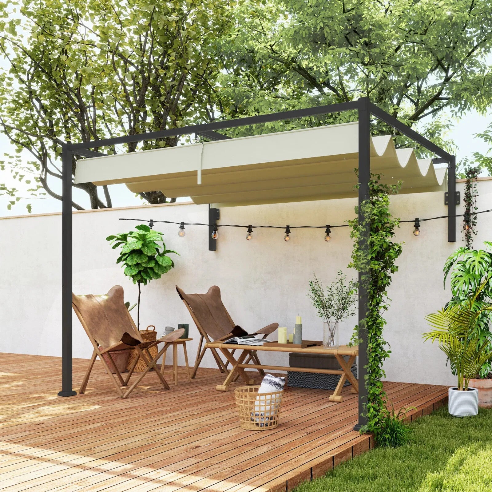2 x 3 m Lean To Metal Pergola with Retractable Roof for Garden Patio or BBQ Area - Home and Garden Furniture Shop - rustic - furniture
