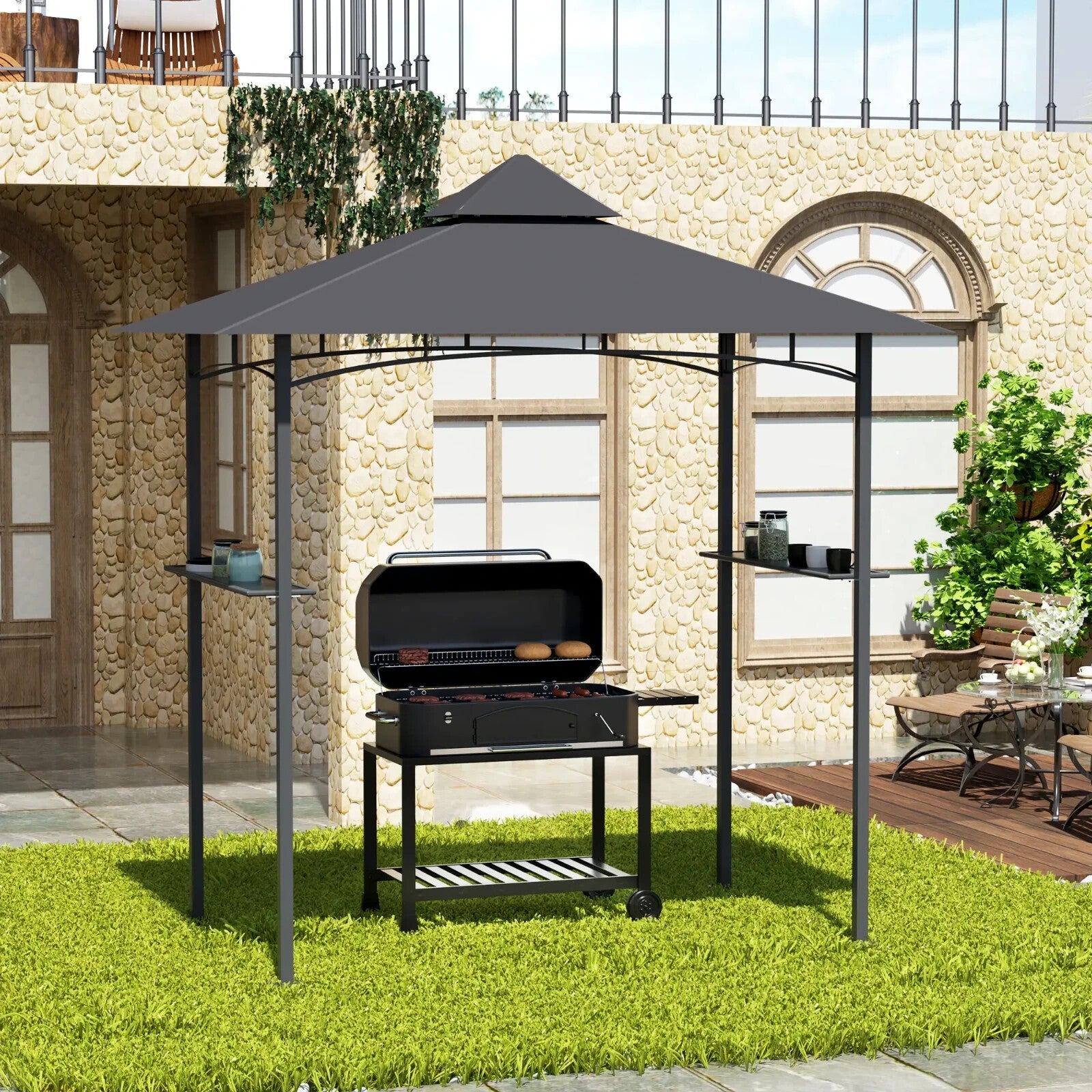 2.5m BBQ Gazebo with Double Tier Canopy Grill Shelter Outdoor Patio Tent – Grey - Home and Garden Furniture Shop - rustic - furniture