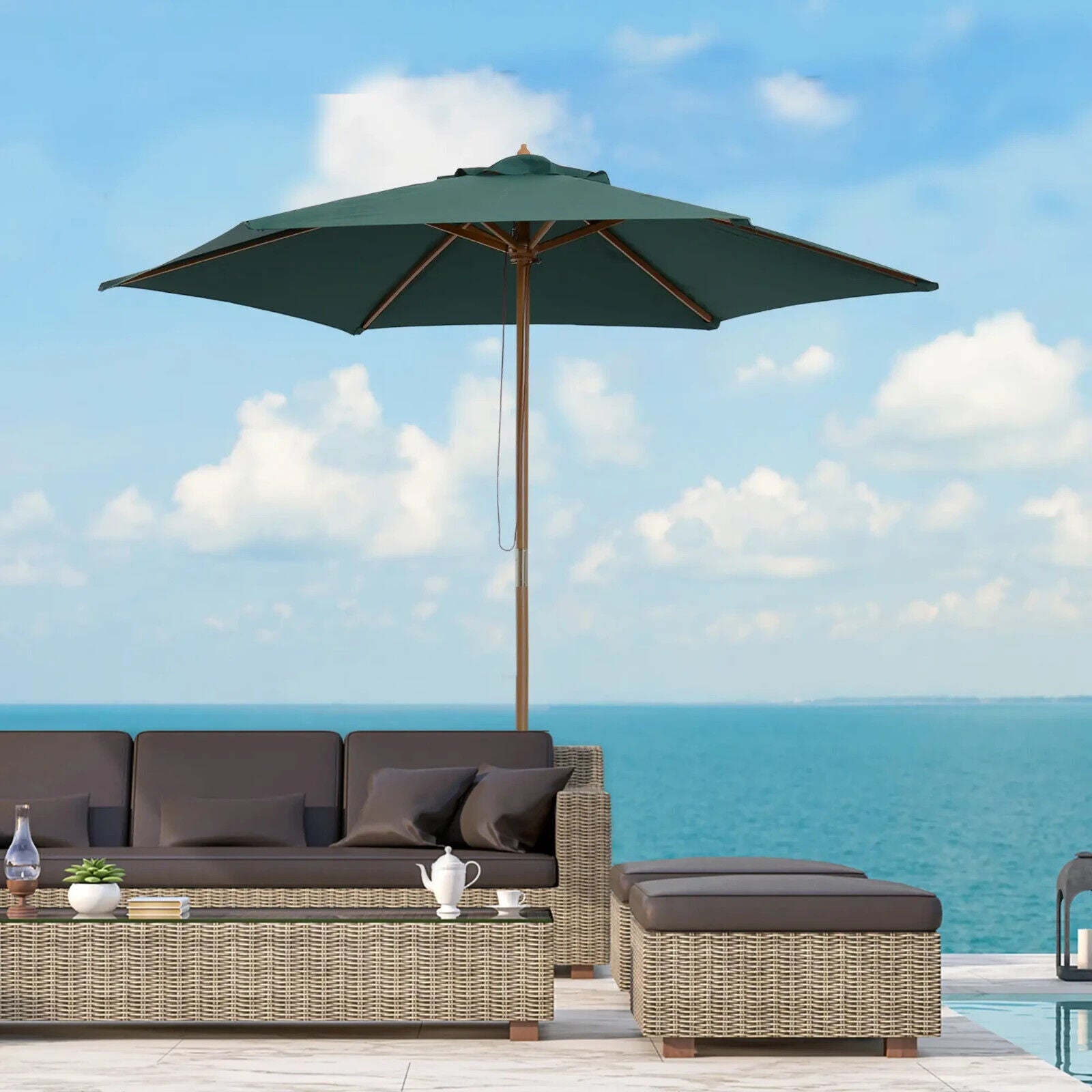 2.5m Garden Patio Parasol Sun Shade Outdoor Wooden Umbrella Canopy Green Cover - Home and Garden Furniture Shop - #rustic - furniture#