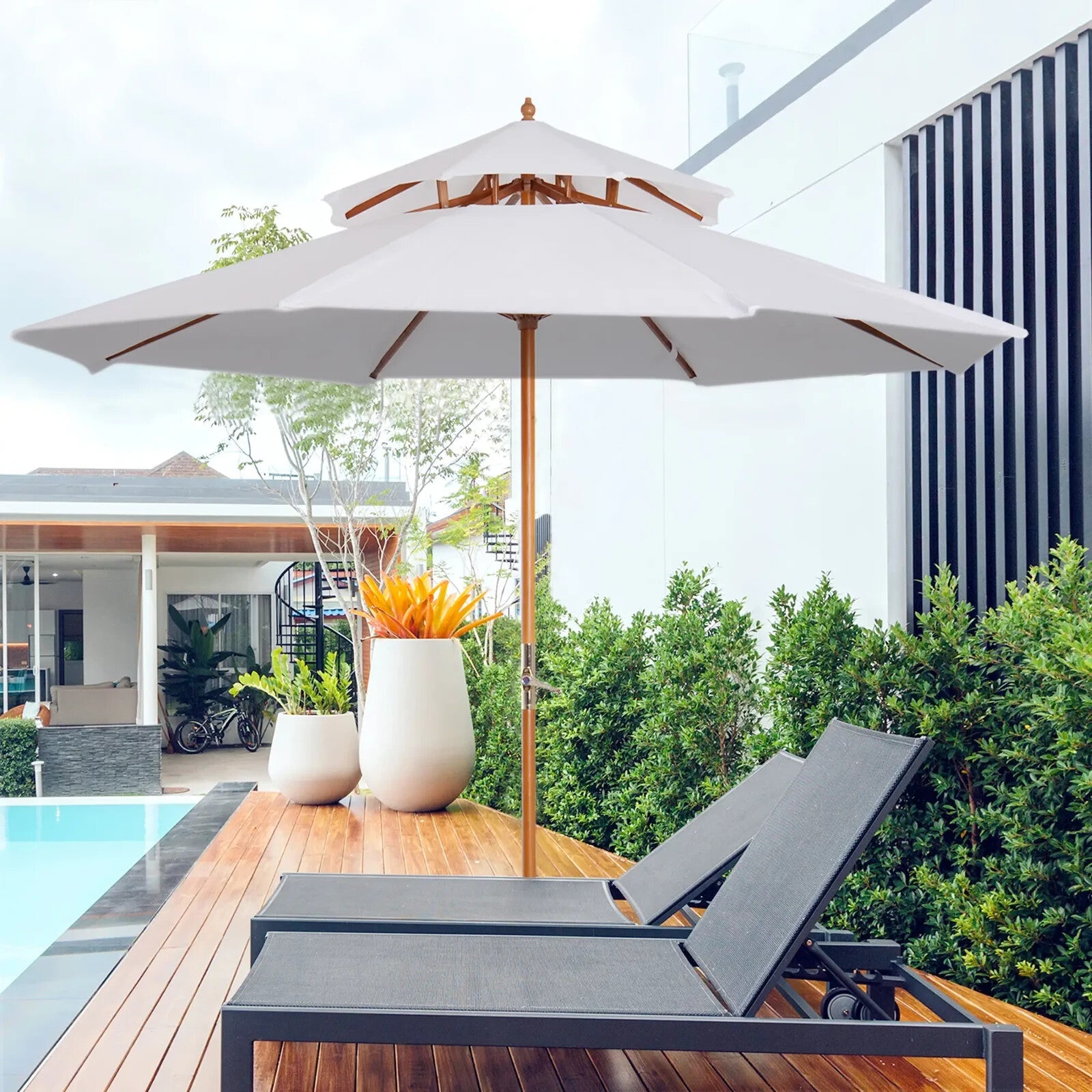 2.7m Double Tier Garden Parasol Bamboo Patio Umbrella Outdoor Sunshade Canopy - Home and Garden Furniture Shop - rustic - furniture