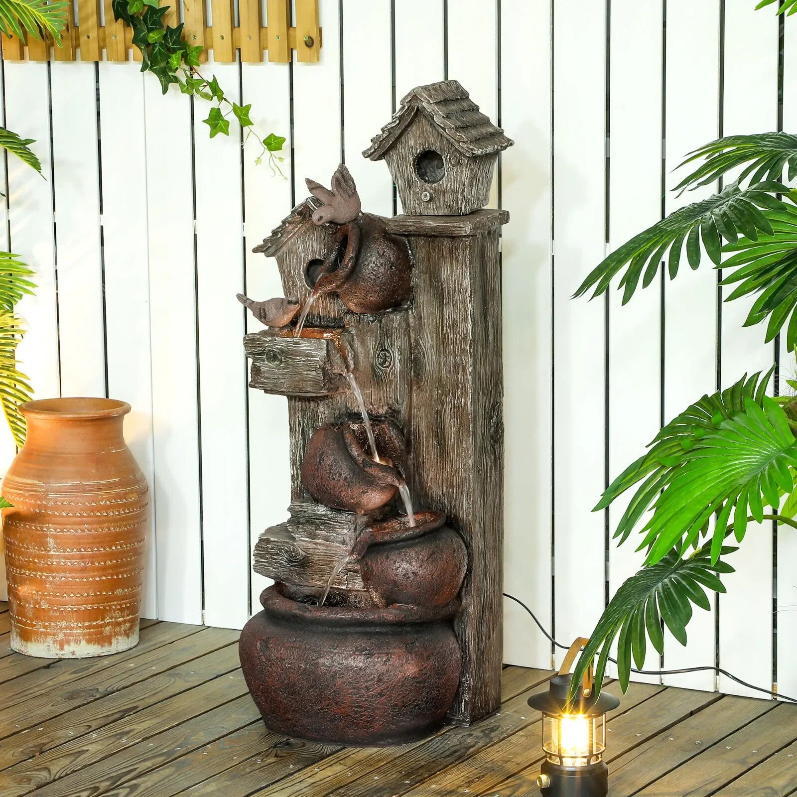 2in1 Waterfall Fountain Birdhouse Resin Garden Feature LED Lights Pump Cascading - Home and Garden Furniture Shop - rustic - furniture