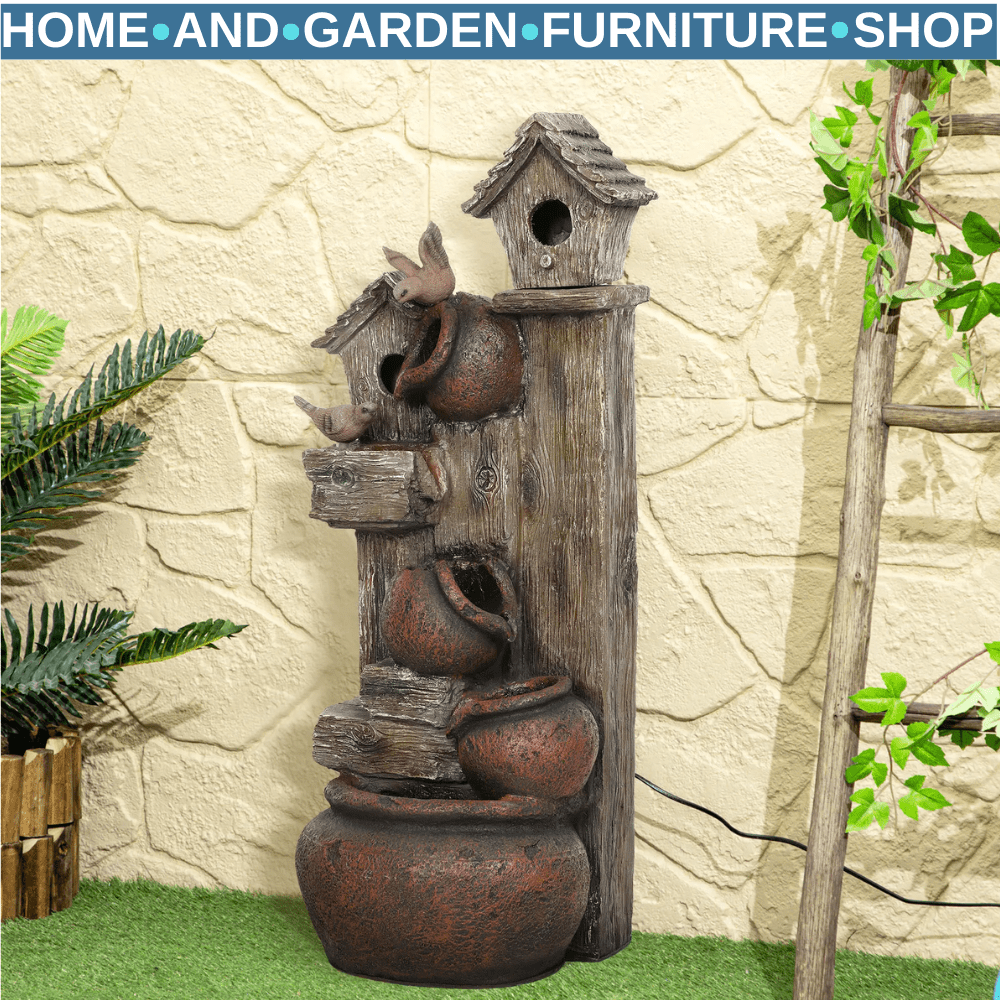 2in1 Waterfall Fountain Birdhouse Resin Garden Feature LED Lights Pump Cascading - Home and Garden Furniture Shop - rustic - furniture