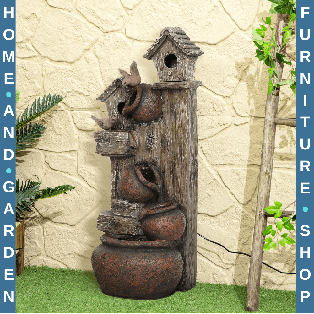 2in1 Waterfall Fountain Birdhouse Resin Garden Feature LED Lights Pump Cascading - Home and Garden Furniture Shop - rustic - furniture