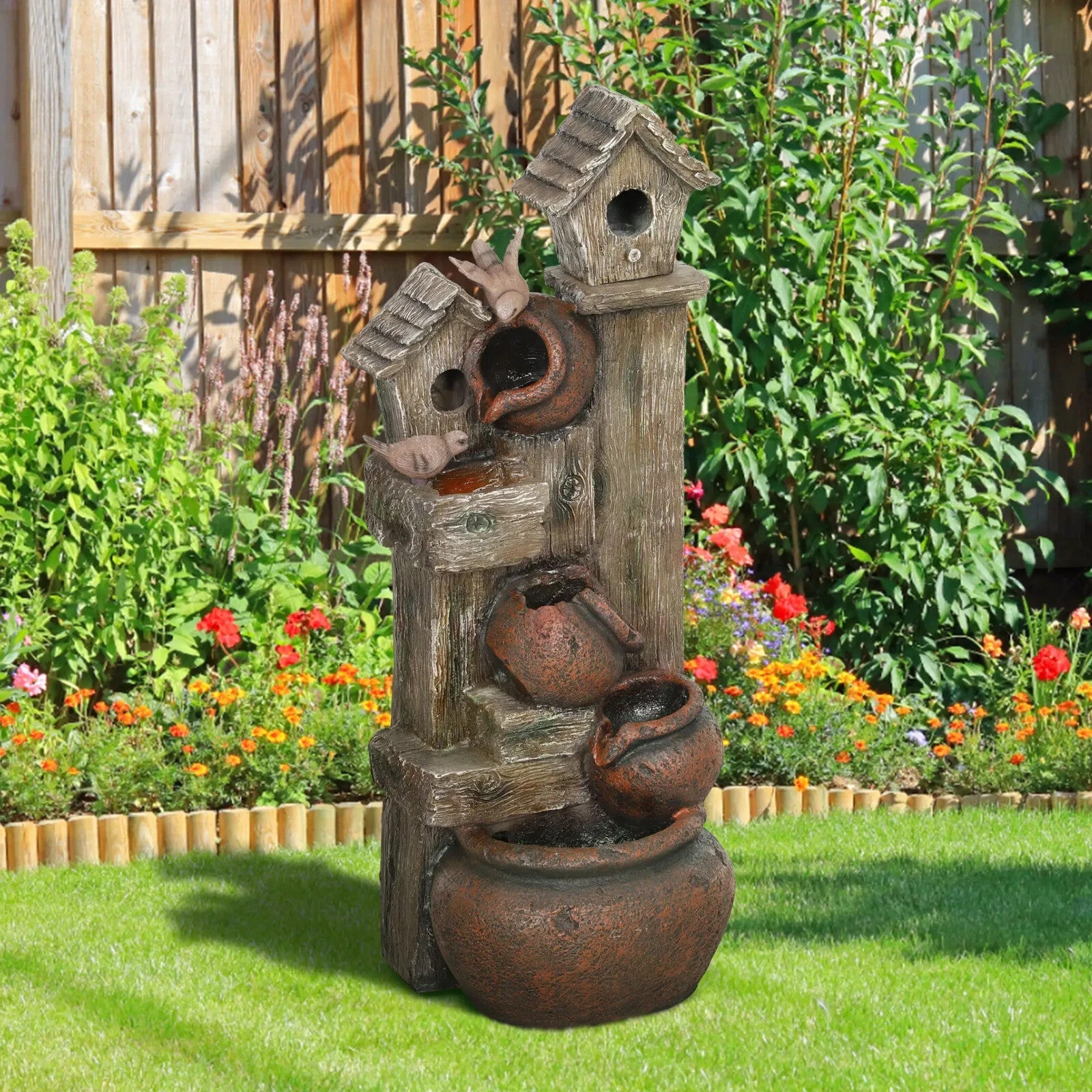 2in1 Waterfall Fountain Birdhouse Resin Garden Feature LED Lights Pump Cascading - Home and Garden Furniture Shop - rustic - furniture