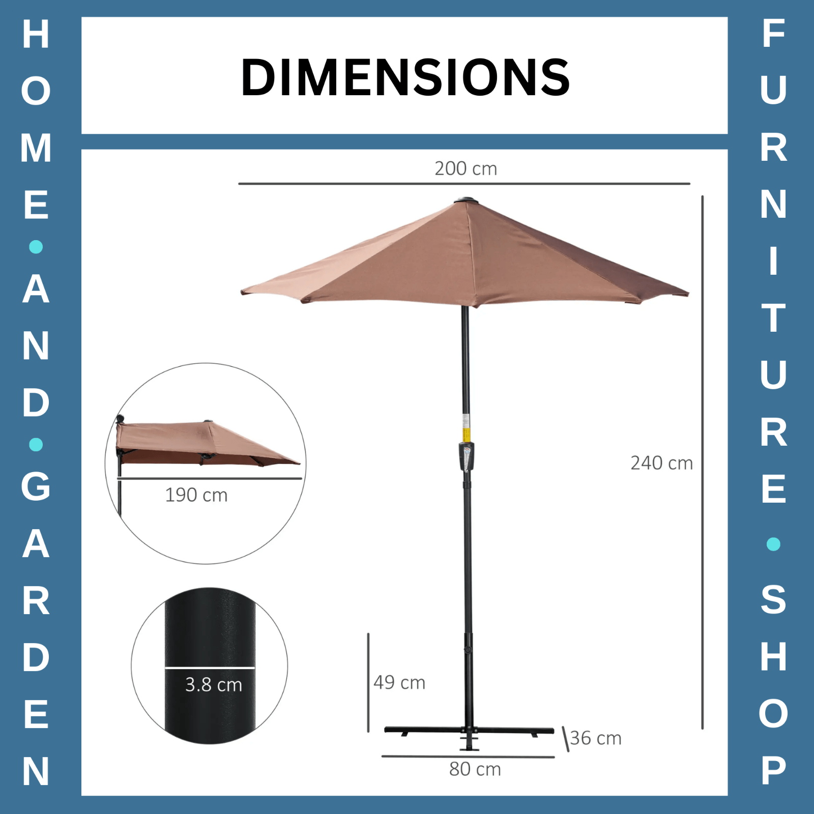 2m Half Parasol Garden Market Umbrella for Balcony with Crank Handle and Base - Home and Garden Furniture Shop - rustic - furniture
