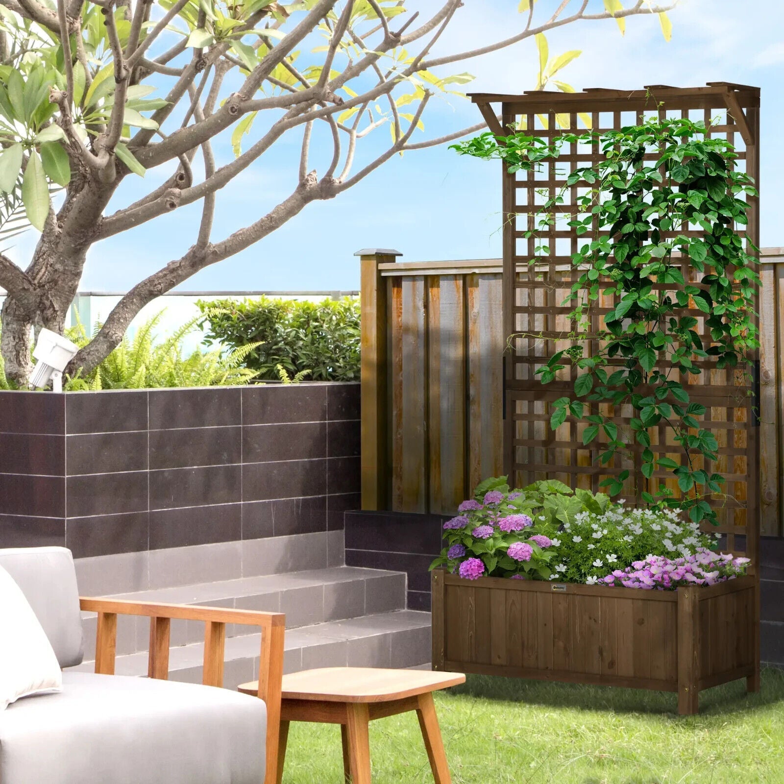 2pcs Wooden Raised Bed Planter w/ Trellis & Drainage Holes for Climbing Plants - Home and Garden Furniture Shop - #rustic - furniture#