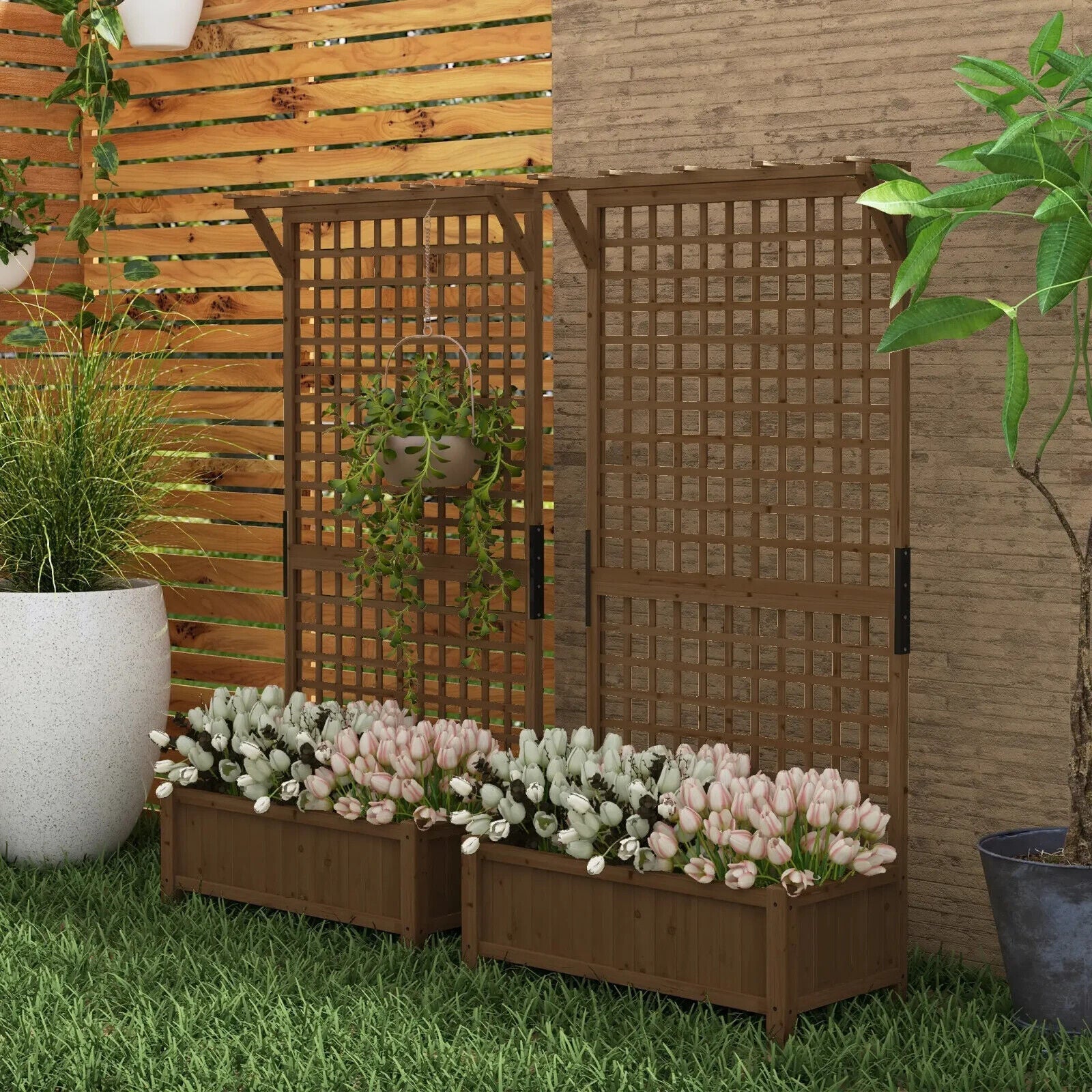 2pcs Wooden Raised Bed Planter w/ Trellis & Drainage Holes for Climbing Plants - Home and Garden Furniture Shop - #rustic - furniture#