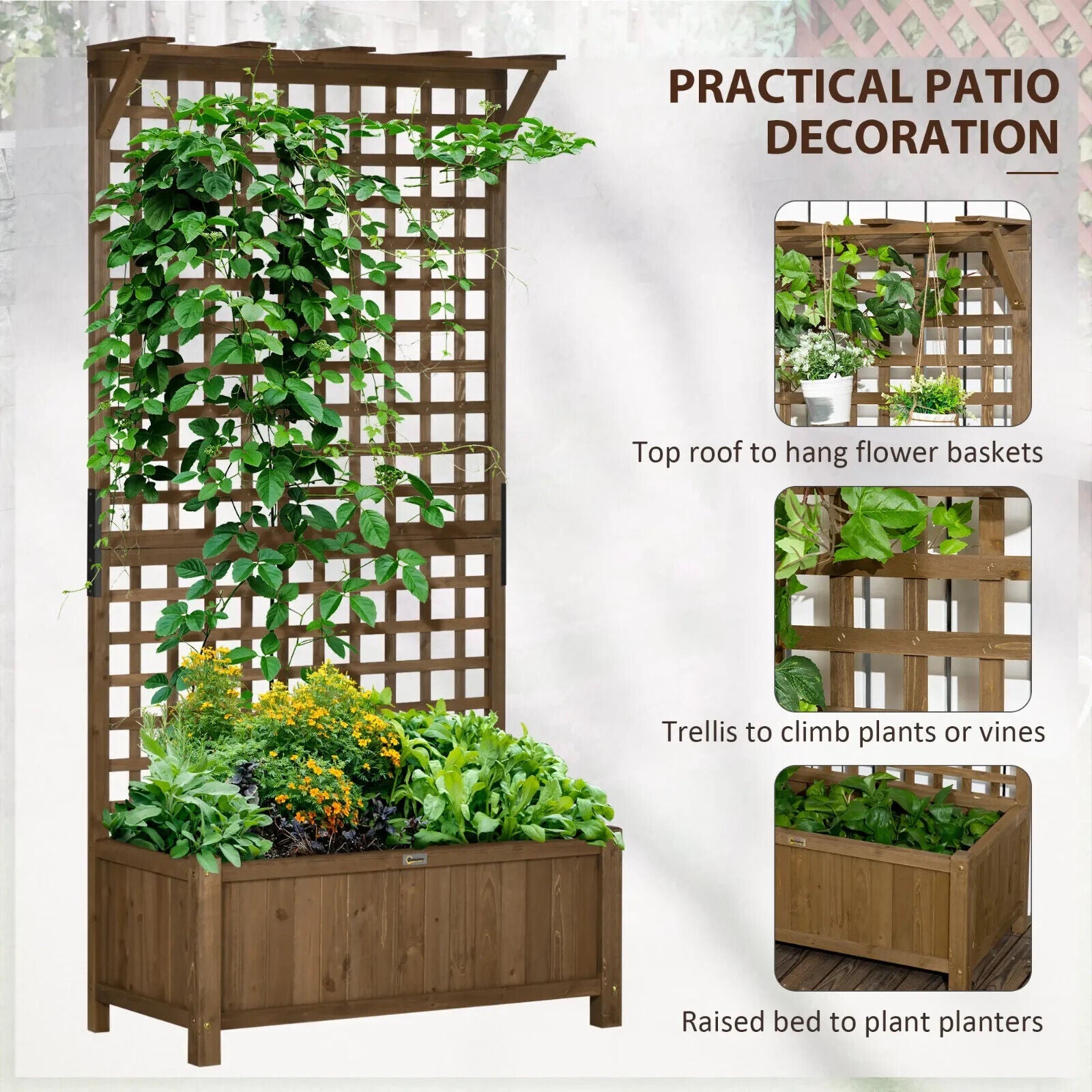 2pcs Wooden Raised Bed Planter w/ Trellis & Drainage Holes for Climbing Plants - Home and Garden Furniture Shop - #rustic - furniture#