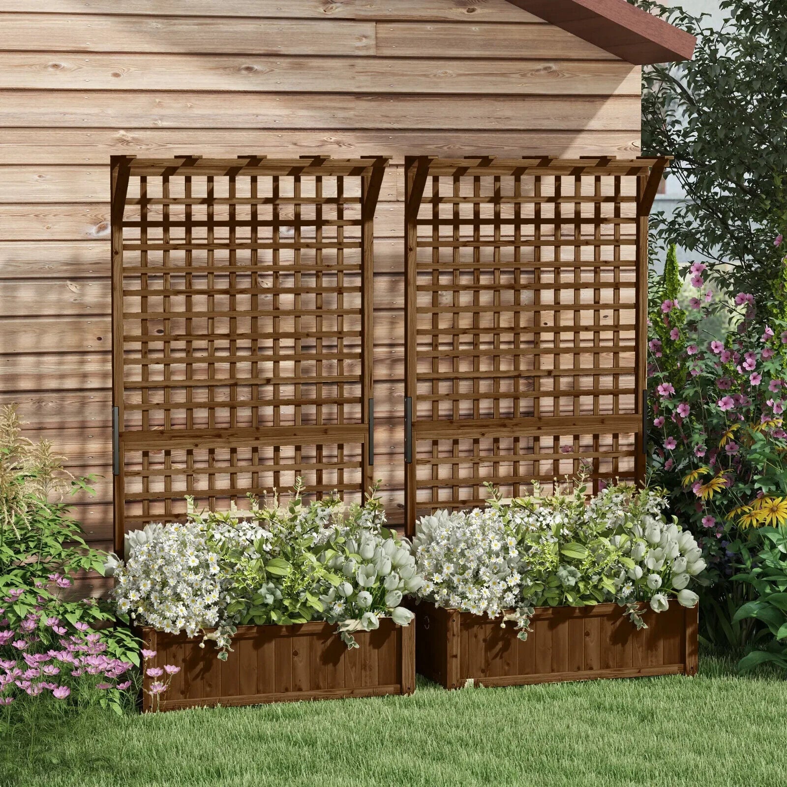 2pcs Wooden Raised Bed Planter w/ Trellis & Drainage Holes for Climbing Plants - Home and Garden Furniture Shop - #rustic - furniture#