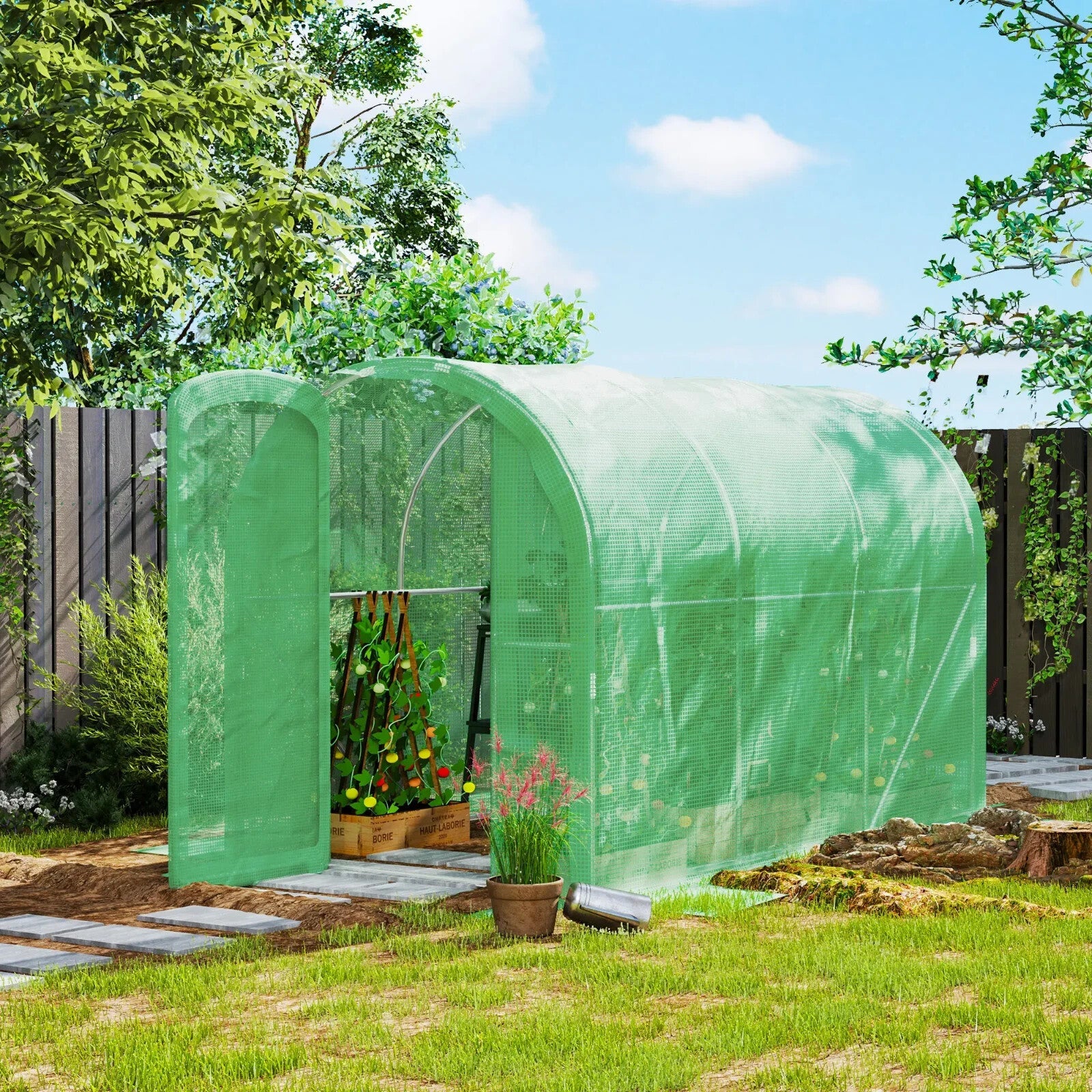 3 × 2 × 2m Polytunnel Greenhouse Walk In Grow House w/ PE Cover and Hinged Door - Home and Garden Furniture Shop - rustic - furniture