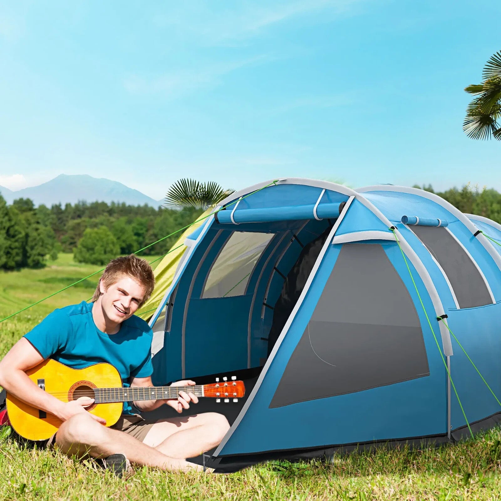 3 - 4 Man Tunnel Camping Tent with 2 Rooms Windows & Carry Bag for Hiking Fishing - Home and Garden Furniture Shop - rustic - furniture