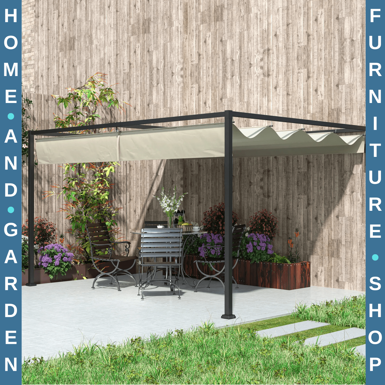 3 × 4m Lean To Steel Pergola with Retractable Fabric Canopy for Garden or Patio - Home and Garden Furniture Shop - rustic - furniture