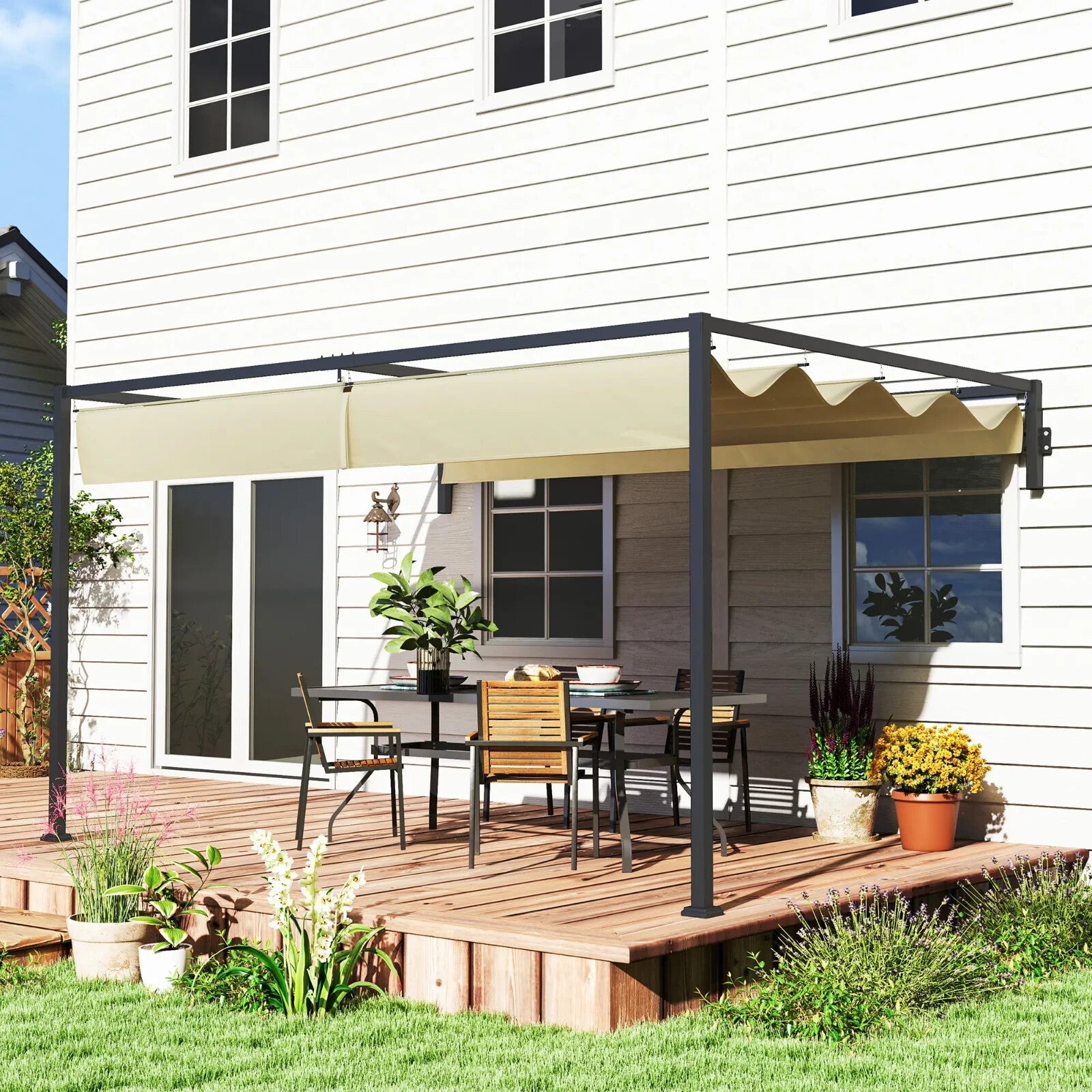 3 × 4m Lean To Steel Pergola with Retractable Fabric Canopy for Garden or Patio - Home and Garden Furniture Shop - rustic - furniture