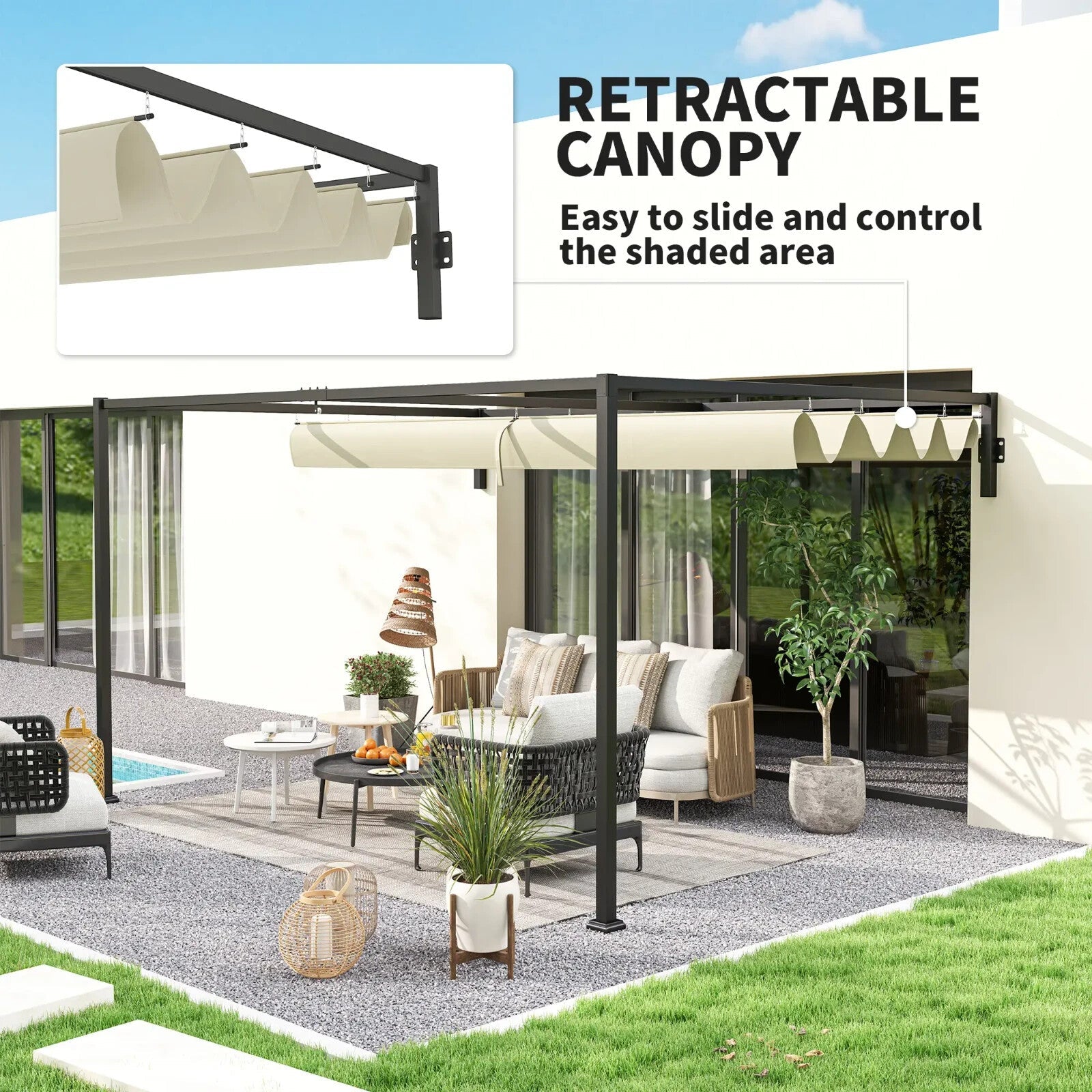 3 × 4m Lean To Steel Pergola with Retractable Fabric Canopy for Garden or Patio - Home and Garden Furniture Shop - rustic - furniture