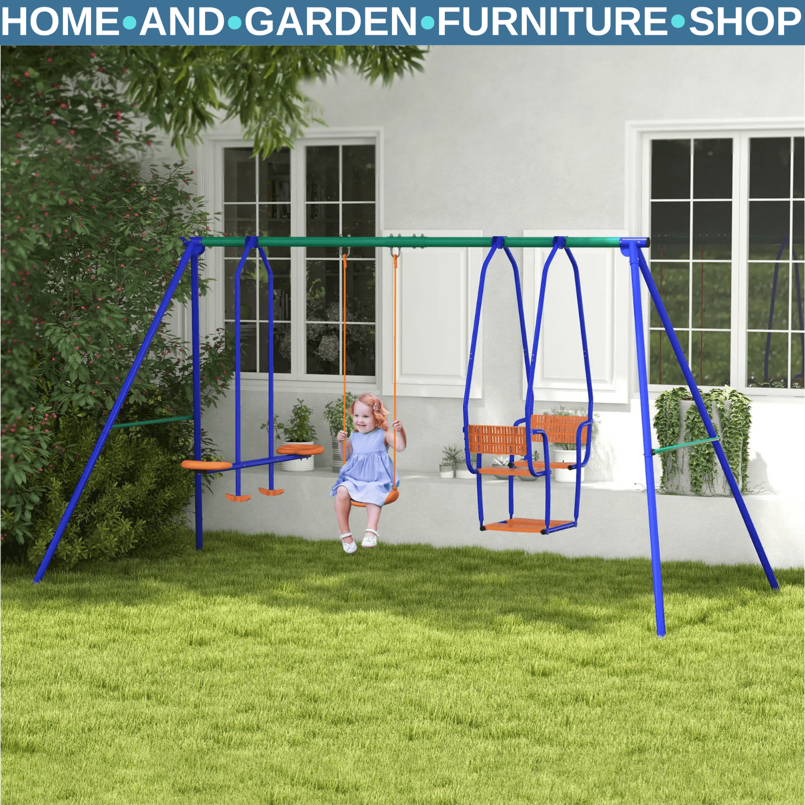 3 in 1 Metal Kids Swing Set with Glider Rocking Chair & Outdoor Swing for Garden - Home and Garden Furniture Shop - rustic - furniture