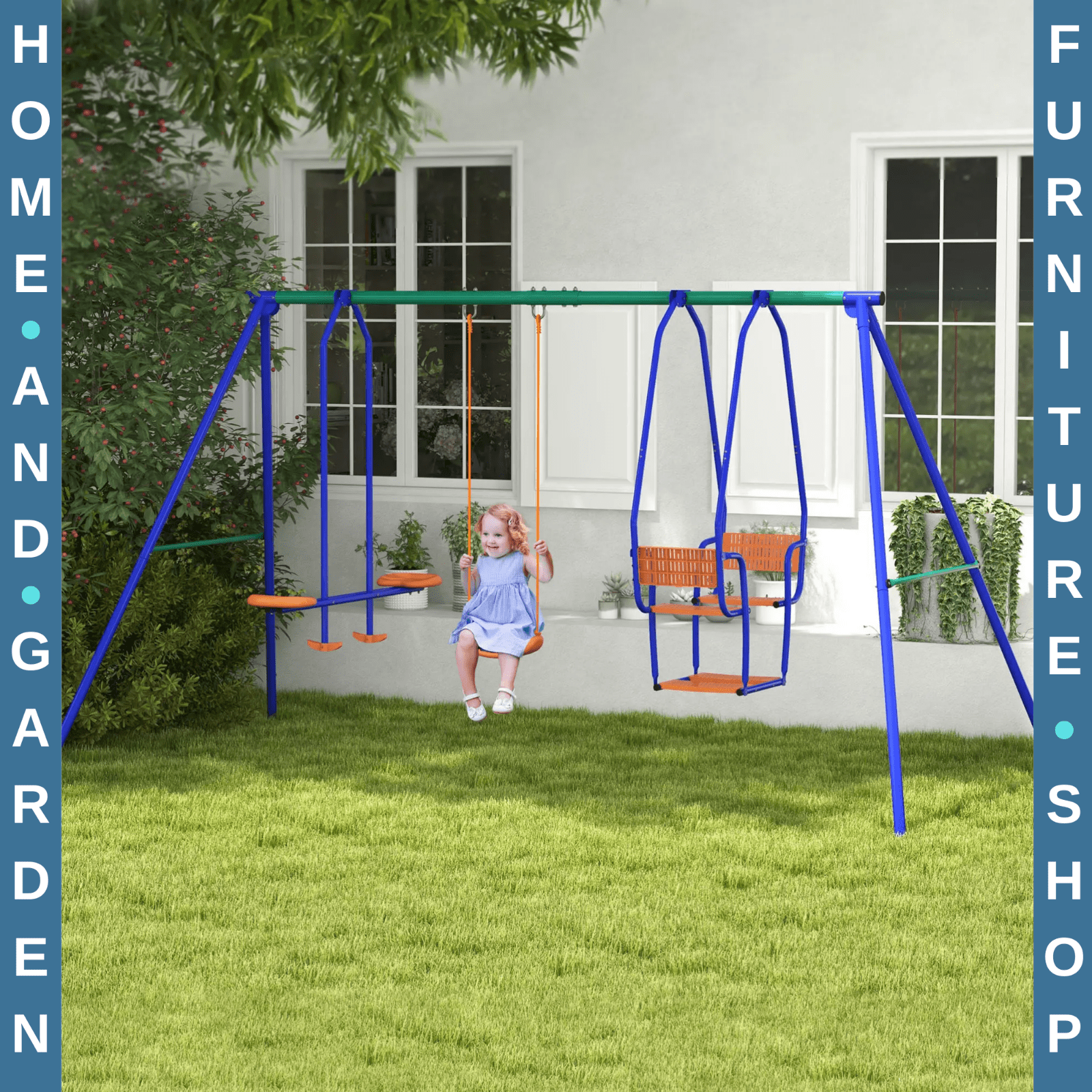 3 in 1 Metal Kids Swing Set with Glider Rocking Chair & Outdoor Swing for Garden - Home and Garden Furniture Shop - rustic - furniture