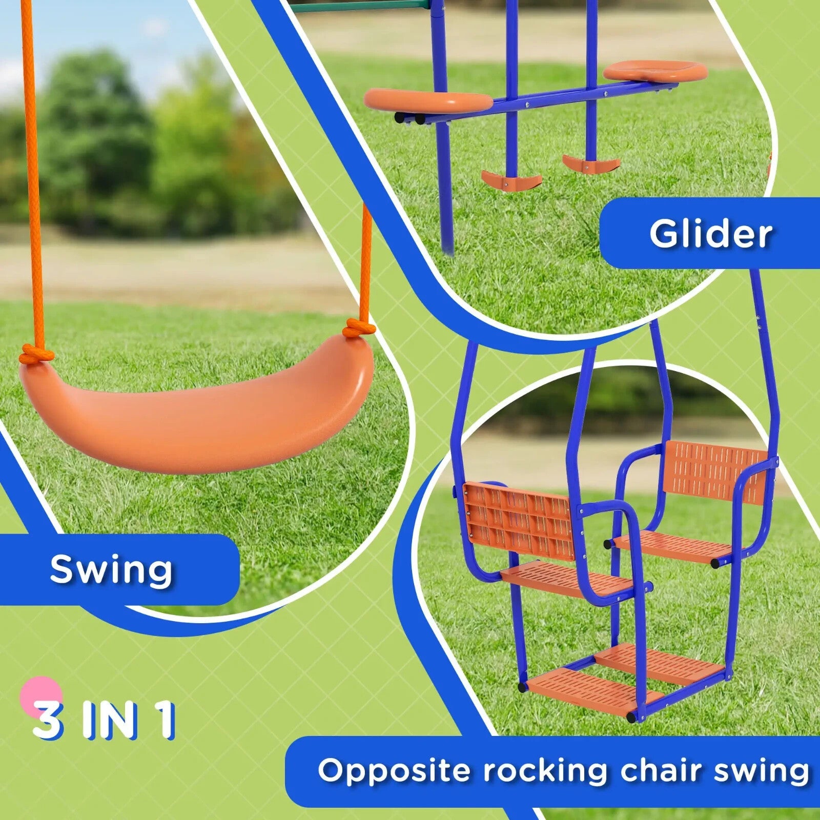 3 in 1 Metal Kids Swing Set with Glider Rocking Chair & Outdoor Swing for Garden - Home and Garden Furniture Shop - rustic - furniture
