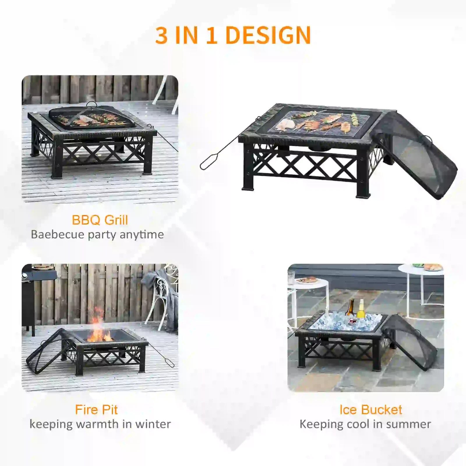 3 - in - 1 Outdoor Fire Pit Table Square Wood Burning Firepit Brazier BBQ Grill - Home and Garden Furniture Shop - rustic - furniture